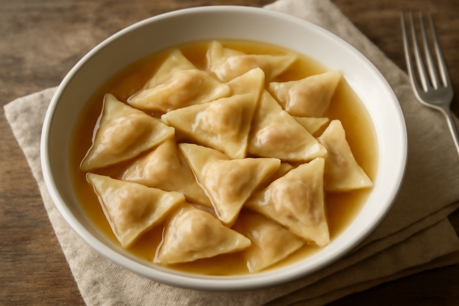Agnolini di riuso in piatto bianco, serviti in brodo caldo trasparente con qualche goccia di brodo, agnolini a forma di quadratini piegati, con sfoglia color grano, guarniti con parmigiano grattugiato