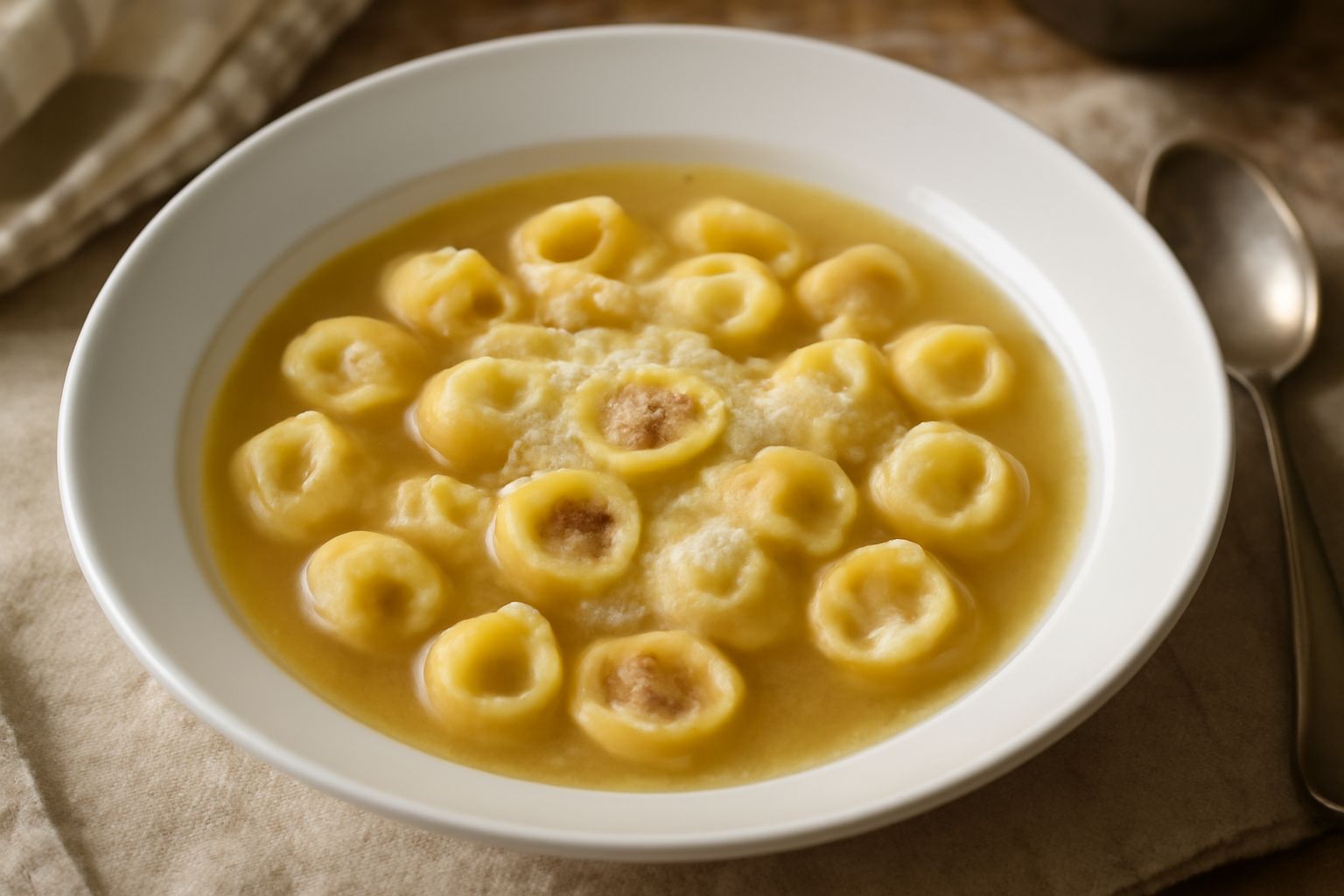 Piatto di ceramica bianca con agnolini tondi in brodo trasparente, decorati con parmigiano grattugiato e prezzemolo fresco, cucchiaio d'argento a lato