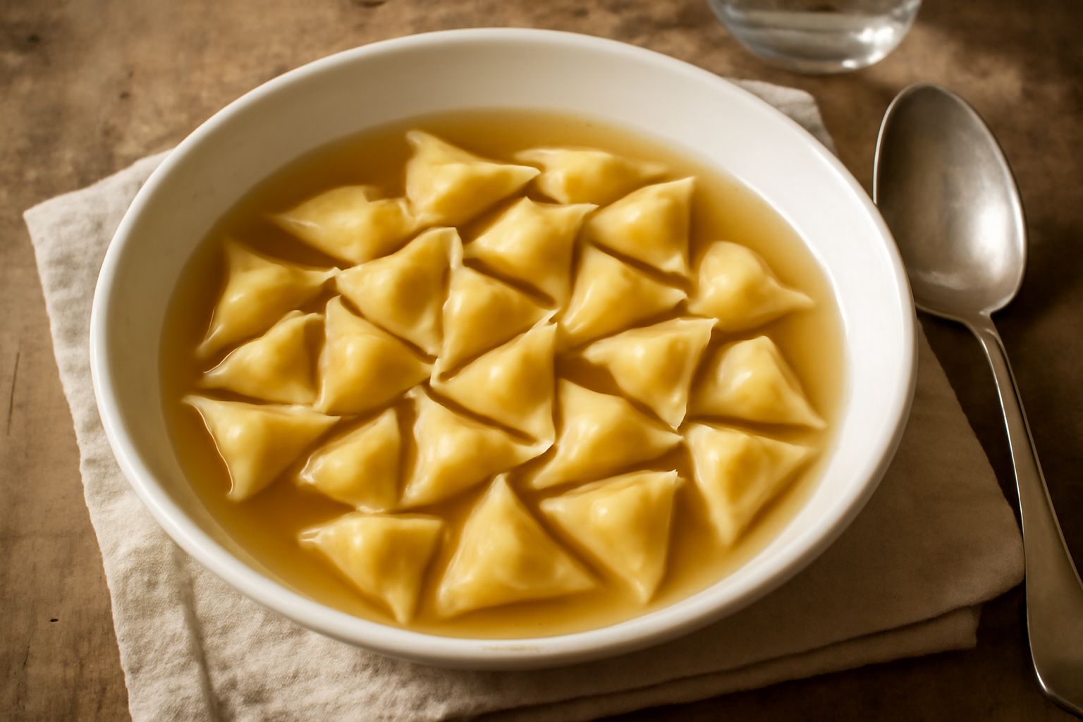 Ciotola di ceramica bianca con agnolini mantovani triangolari in brodo di carne dorato, guarniti con parmigiano grattugiato e foglia di prezzemolo fresco