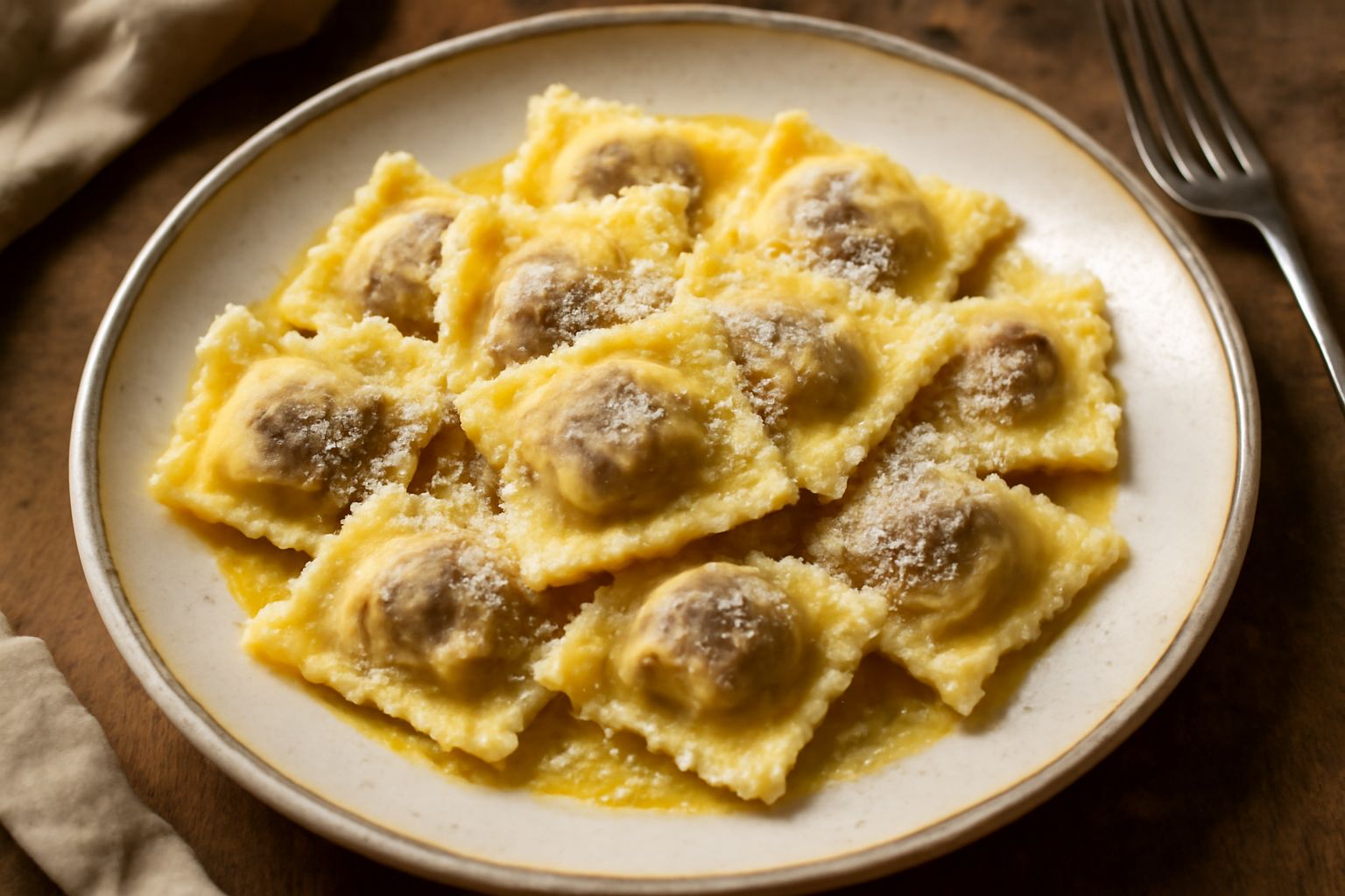 Piatto di agnolotti di sfoglia giallo paglierino, di forma quadrata con bordi ondulati, ripieni visibili di funghi marroni e verdastri, conditi con burro dorato e parmigiano reggiano grattugiato, serv