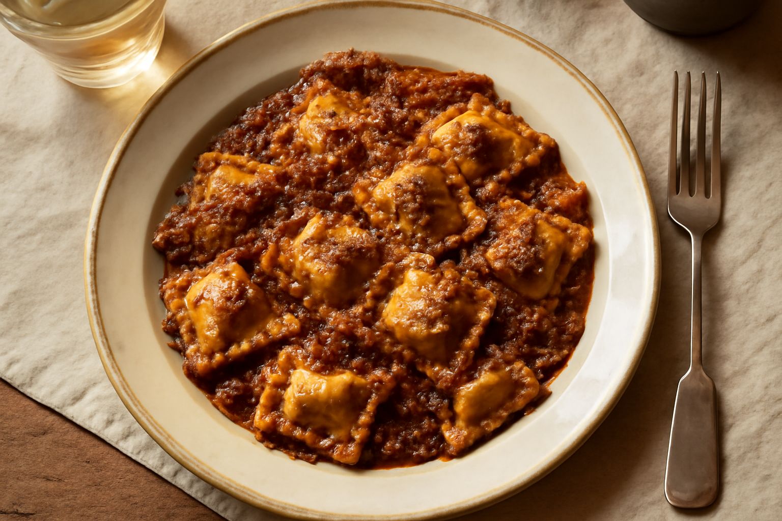 Agnolotti al ragù in un piatto bianco, coperti di sugo marrone scuro, guarniti con parmigiano grattugiato, accanto al piatto un cucchiaio di legno e un bicchiere d'acqua