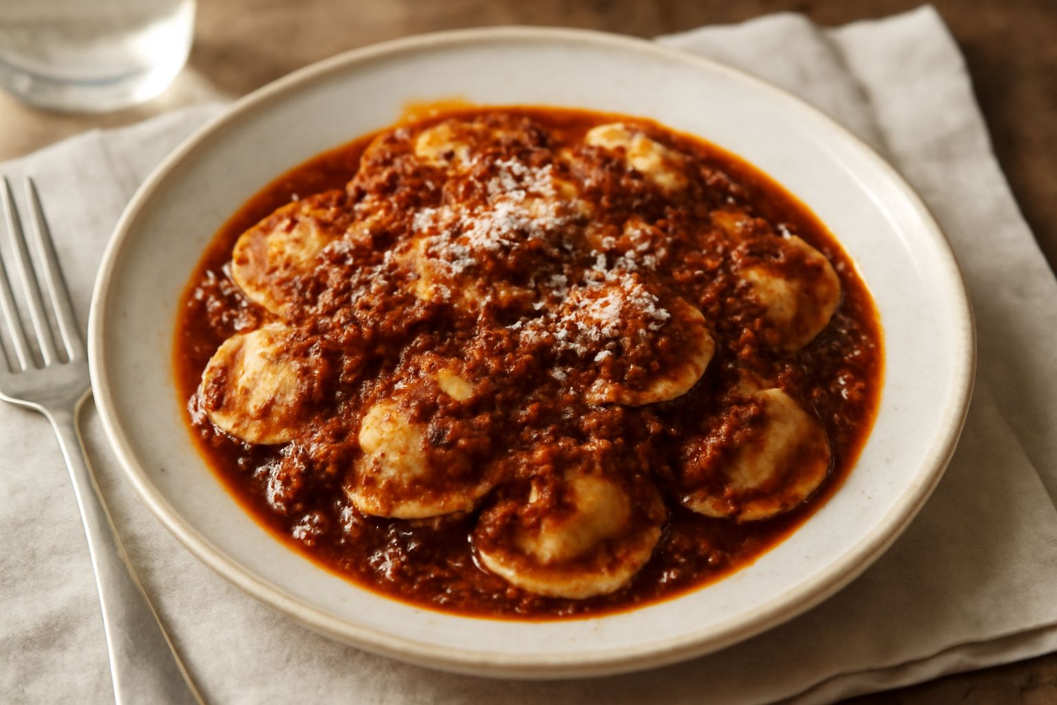 Piatto di ceramica bianca con agnolotti rotondi riempiti di ragù di carne, conditi con sugo rosso scuro, grattugia di parmigiano e basilico fresco, su tavolo in legno con forchetta accanto