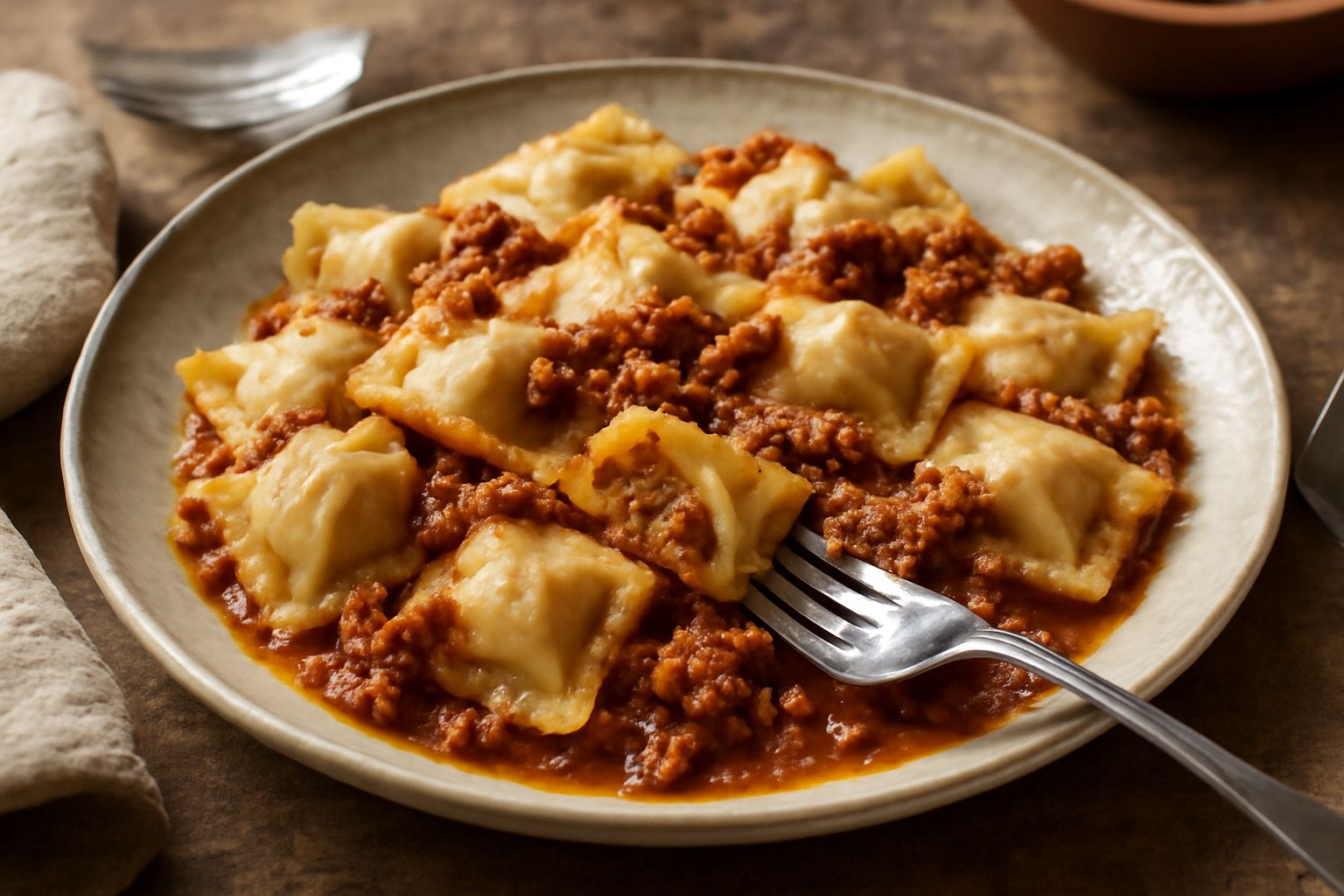 Agnolotti quadrati su piatto bianco con burro fuso e salvia fresca, con un leggero riflesso di olio d'oliva, contorno di brodo caldo in una ciotola accanto