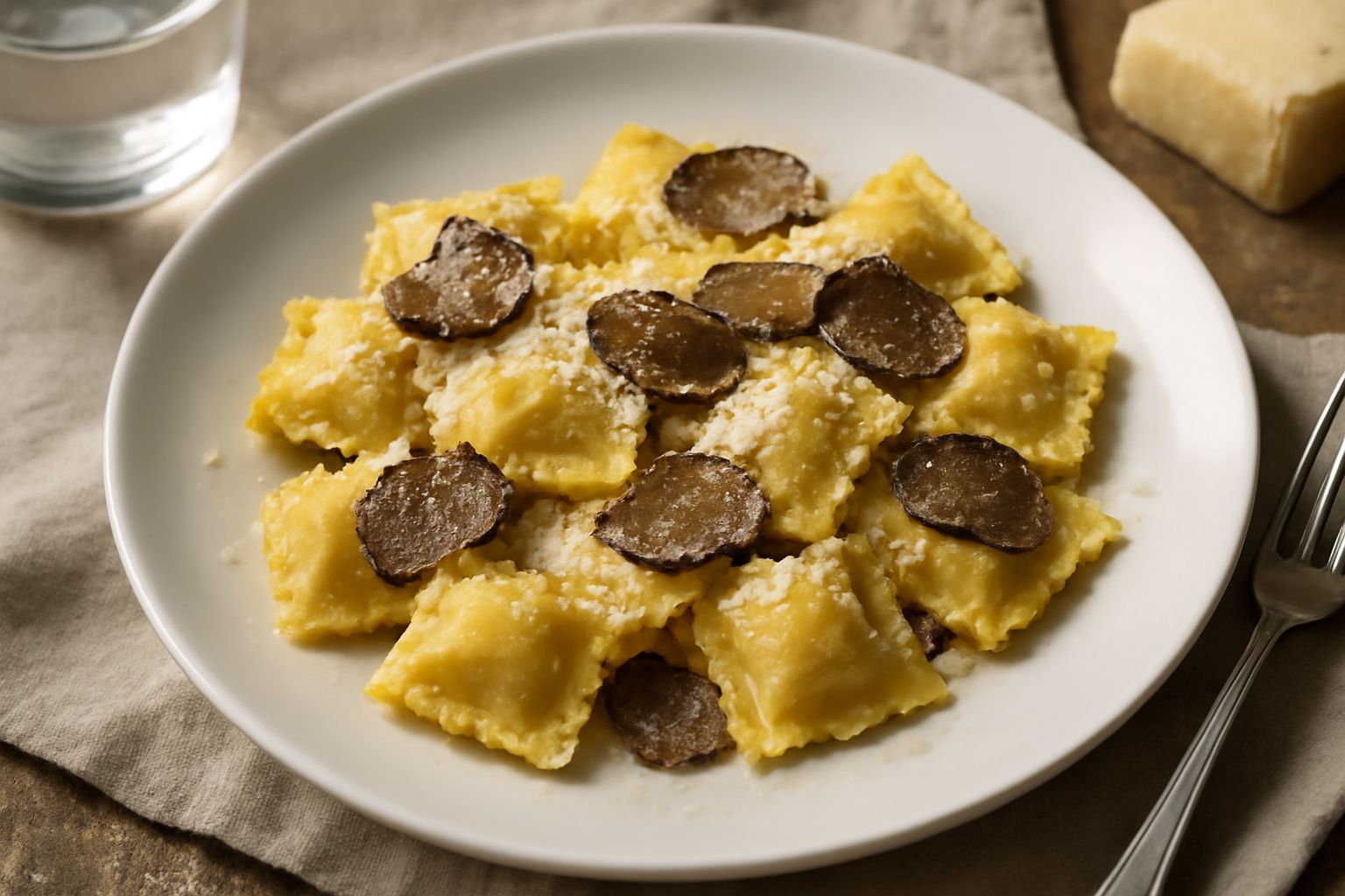 Agnolotti al tartufo appena serviti in un piatto bianco, pasta giallo oro ripiena, guarniti con scaglie sottili di tartufo nero, burro fuso e parmigiano grattugiato, vapore ancora visibile