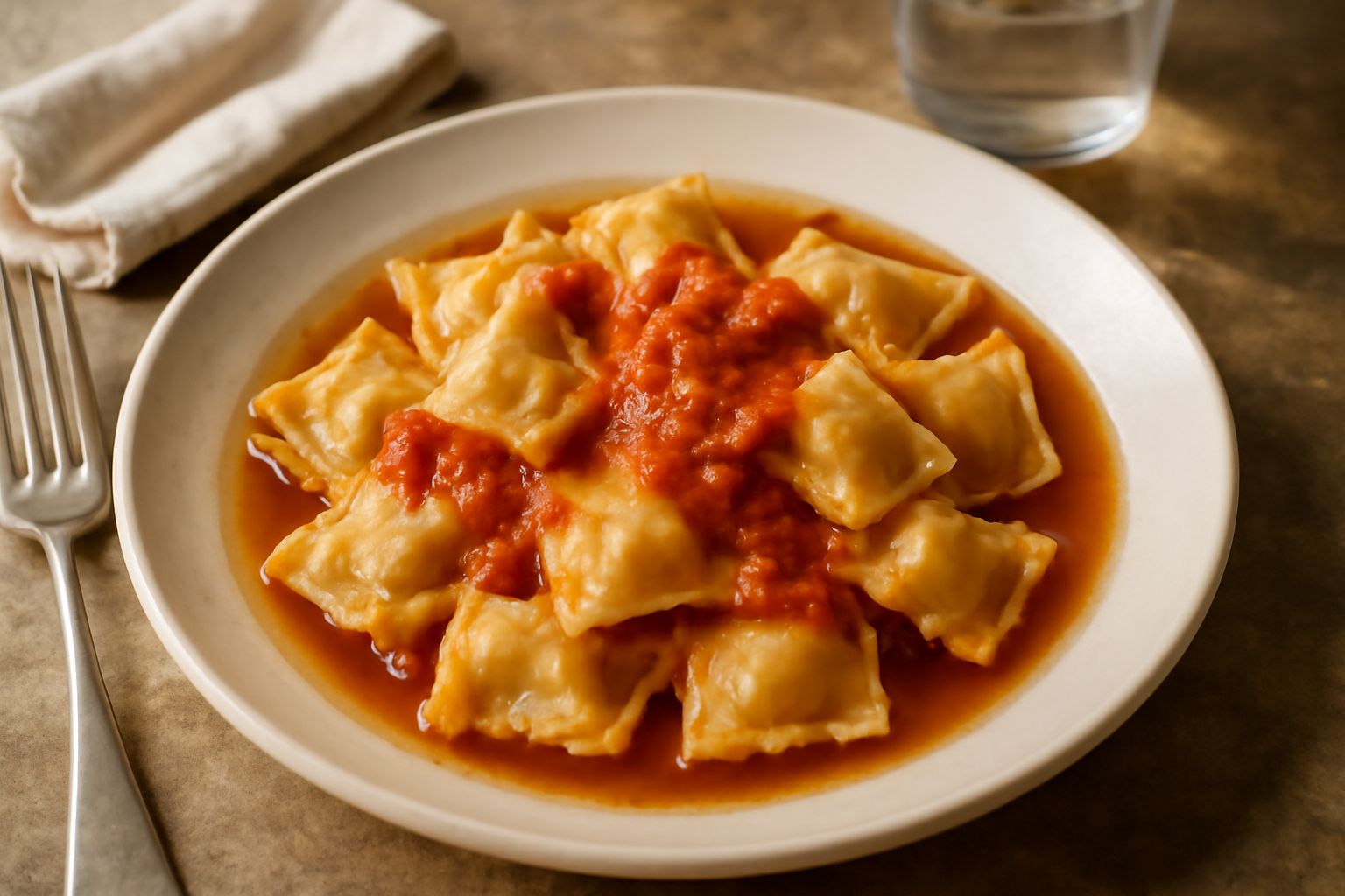 Agnolotti alla bresciana in un piatto bianco fondo, immersi in brodo trasparente leggermente dorato, con due o tre foglie di prezzemolo fresco in cima e un leggero filo di olio, su tavolo di legno scu