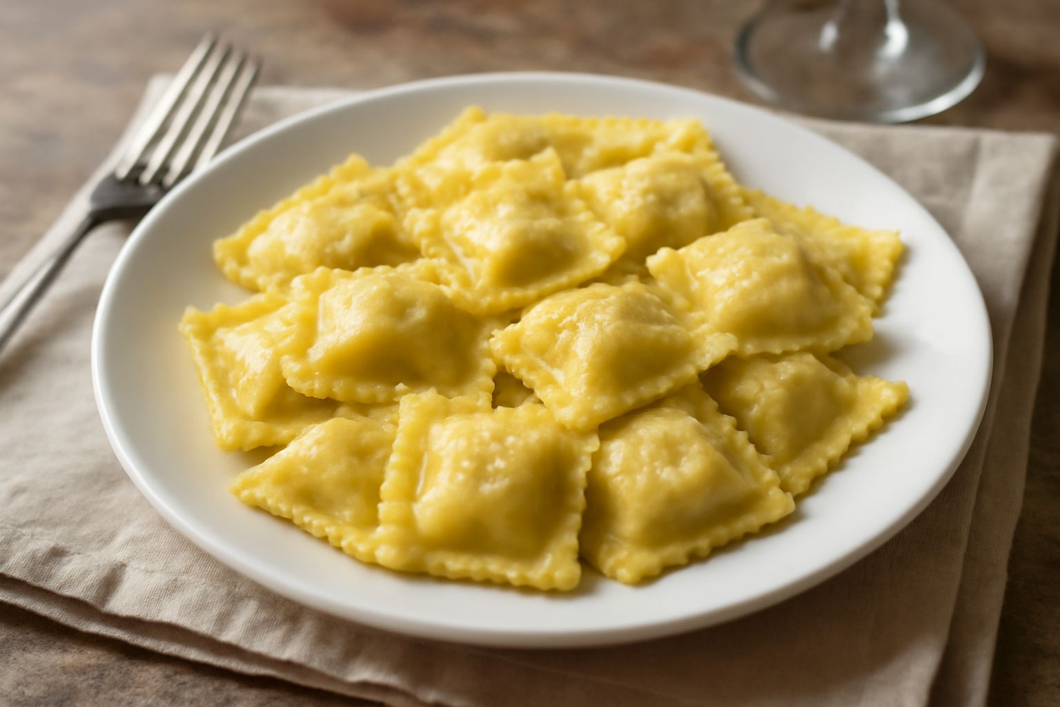 Agnolotti quadrati di pasta fresca giallo dorata, appena cotti, su un piatto bianco con burro fuso e salvia verde, spolverati di parmigiano grattugiato