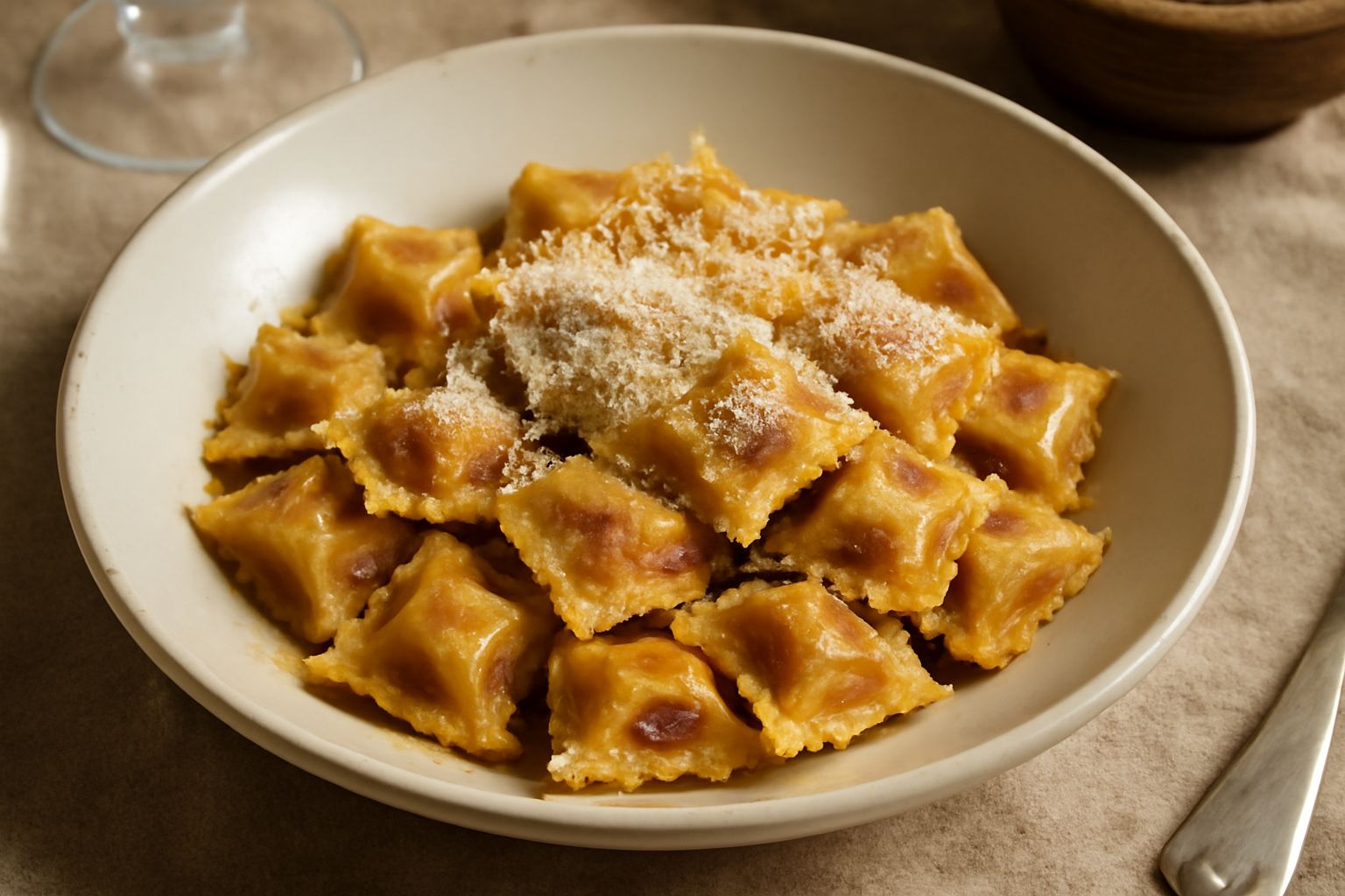 Agnolotti quadrati di pasta fresca giallo crema disposti su un piatto bianco, ricoperti di salsa di carne marrone dorata, parmigiano bianco grattugiato e una noce di burro fuso, contorno di verde prez