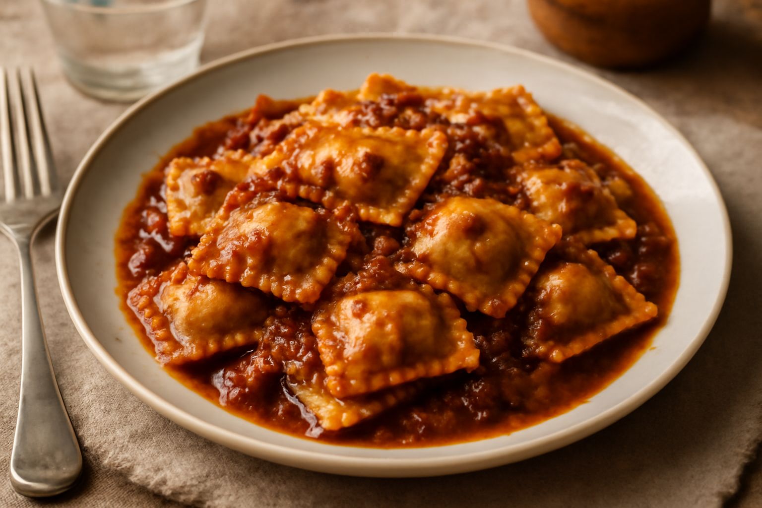 Agnolotti calabresi quadrati e dorati immersi in ragù scuro, serviti in un piatto bianco, con il ragù che penetra la pasta, una foglia di prezzemolo a lato