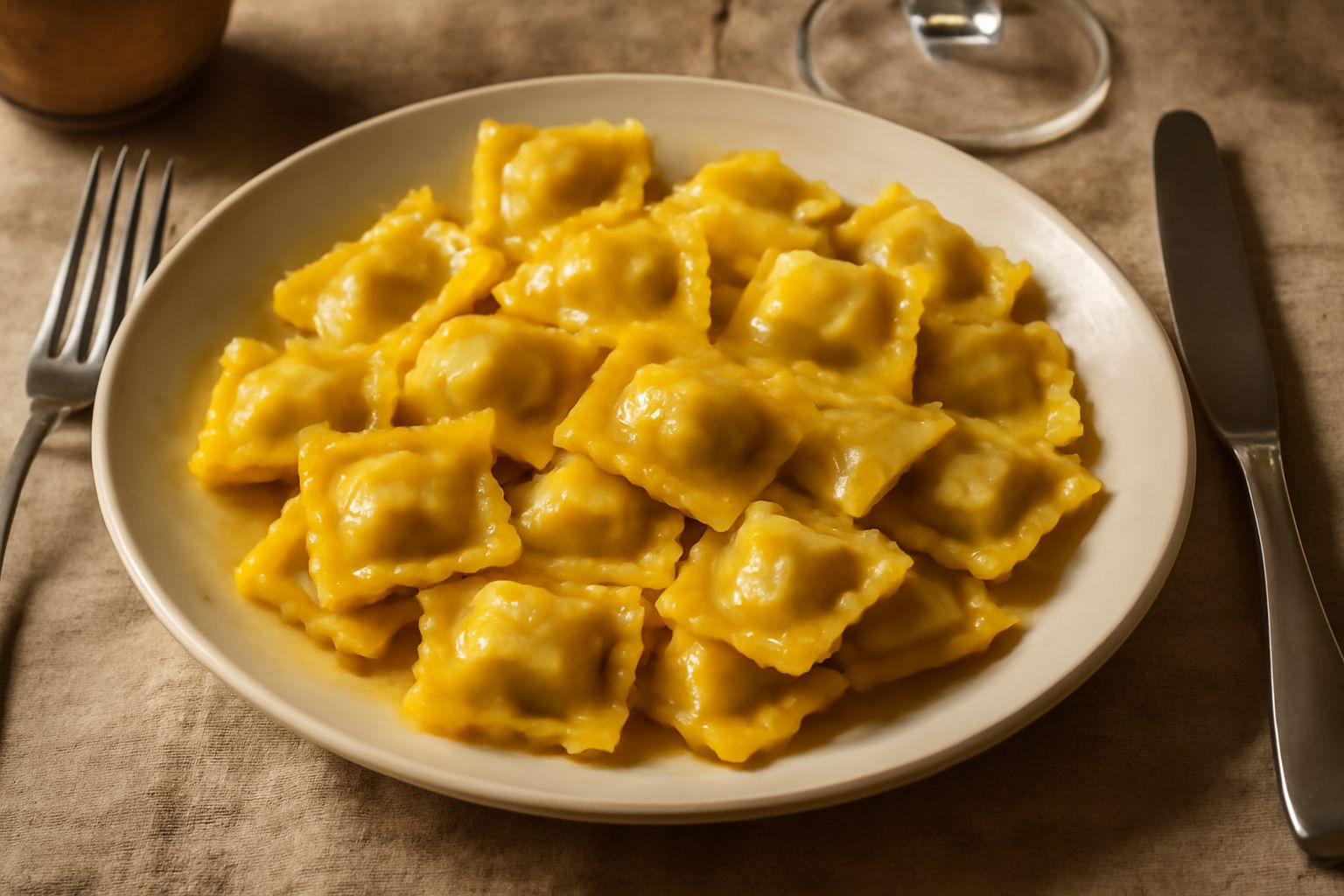Piatto bianco con agnolotti quadrati di pasta giallo oro ripieni di carne, cosparsi di burro fuso e parmigiano grattugiato, con brodo leggero di fondo e prezzemolo fresco