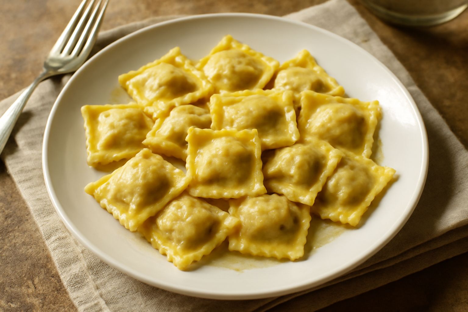 Agnolotti quadrati di pasta all'uovo in piatto bianco, serviti al brodo trasparente con leggera doratura di brodo, ricoperti di parmigiano grattugiato, contorno di verdure verdi sfumate