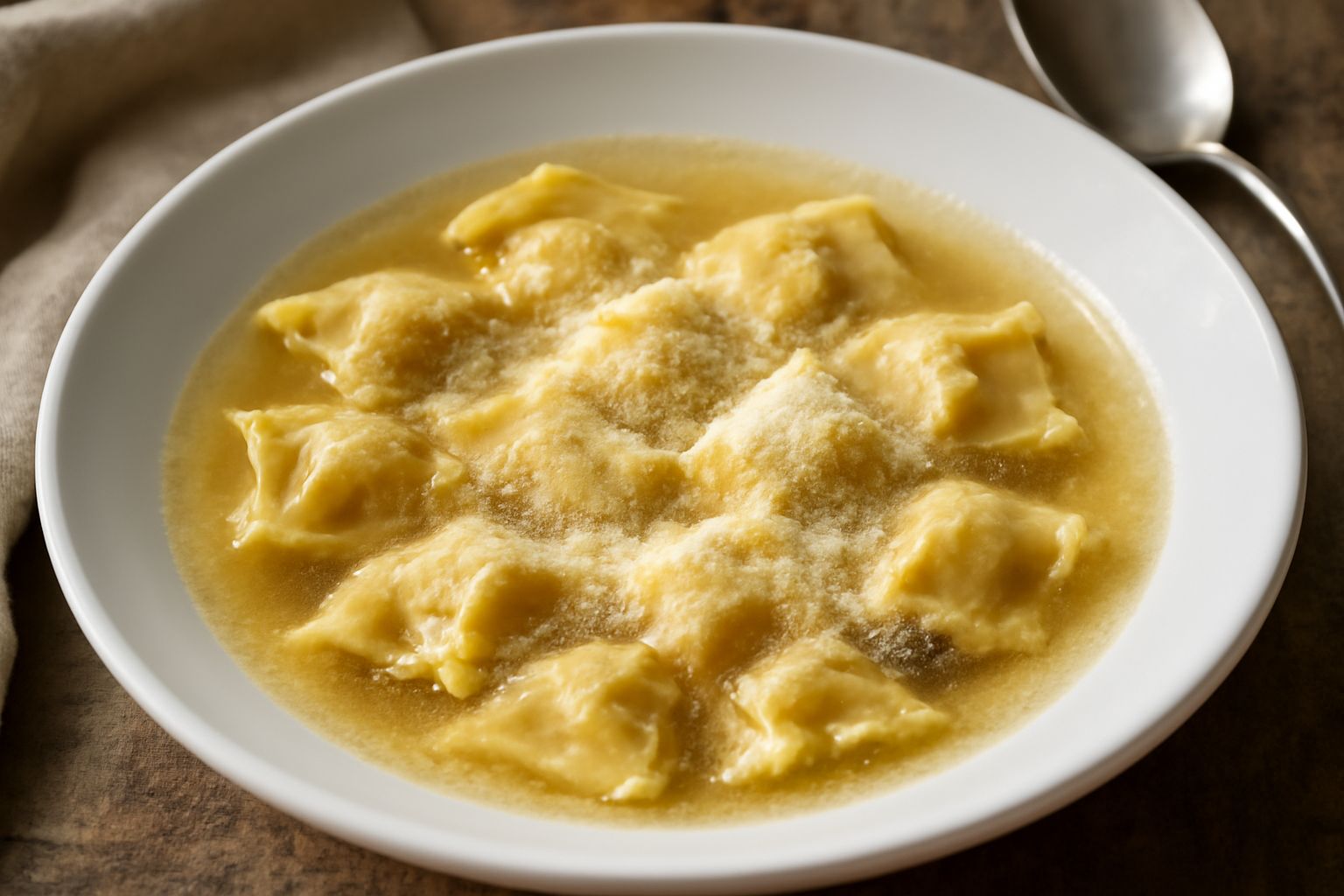 Agnolotti del plin in un piatto di brodo chiaro, con la caratteristica piega sul bordo, coperti di parmigiano grattugiato e parsimonia di burro