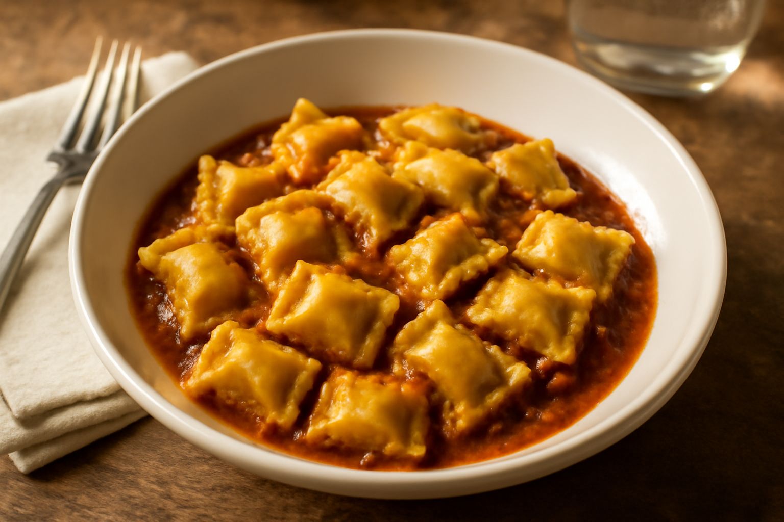 Agnolotti del plin molisani su piatto bianco con ragù marrone, spolverizzati di parmigiano grattugiato, vapore visibile dal piatto caldo, sfondo neutro