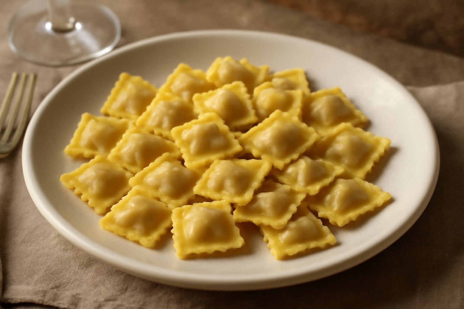 Agnolotti del plin quadrati disposti in fila su un piatto bianco con burro fuso e parmigiano grattugiato, accanto un cucchiaio in legno e una piccola ciotola di formaggio grattugiato