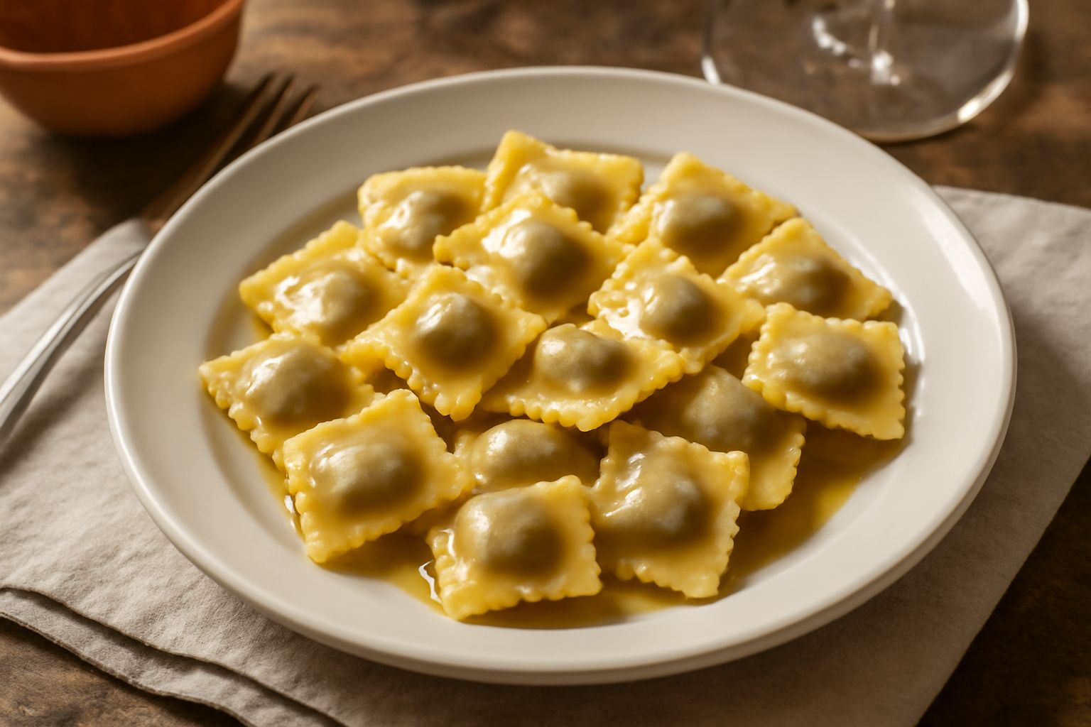 Agnolotti della Brianza appena cotti in un piatto fondo con brodo caldo, mantecati con burro e salvia, coperti di parmigiano grattugiato e prezzemolo