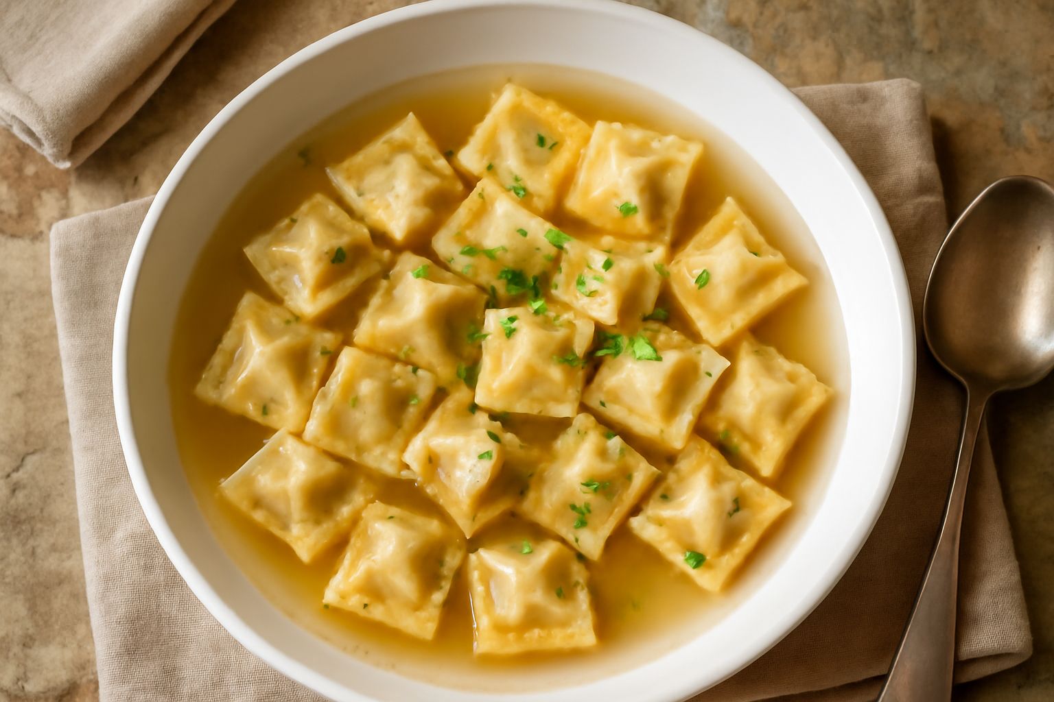 Agnolotti della Val Brembana serviti in una ciotola di ceramica bianca con brodo caldo, guarniti con una foglia di prezzemolo e parmigiano grattugiato, sfondo legno chiaro