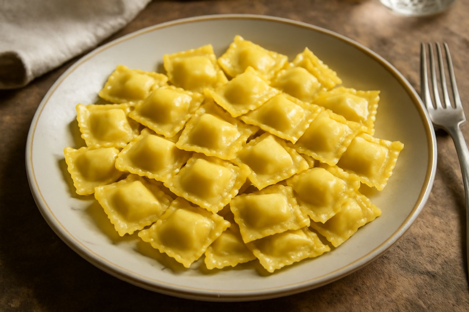 Agnolotti quadrati di pasta fresca beige-dorata, disposti nel piatto bianco, ricoperti di burro fuso e foglie di salvia verde scuro, con grana grattugiato