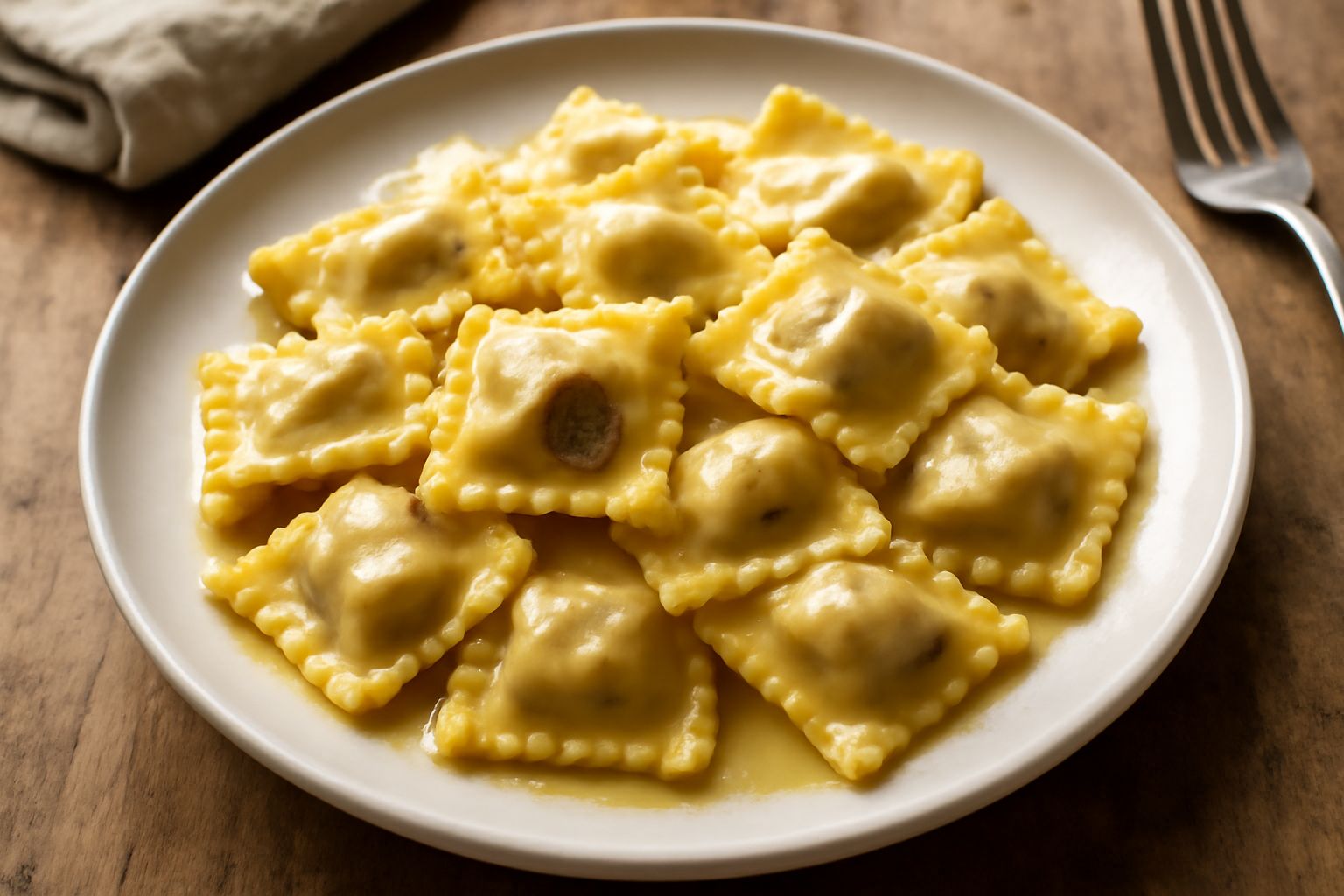Piatto di ceramica bianca con agnolotti della Valle d'Aosta nel brodo di carne, coperti di parmigiano grattugiato e pepe nero. Pasta giallo-beige, ripieno visibile dal taglio, vapore caldo ancora pres