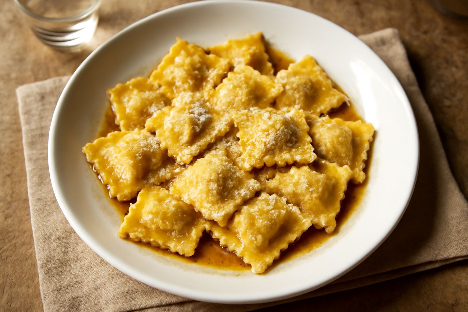 Agnolotti di brasato in bianco su un piatto di ceramica bianca, ricoperti di burro fuso e parmigiano grattugiato, con alcune foglioline di prezzemolo fresco sparse sopra