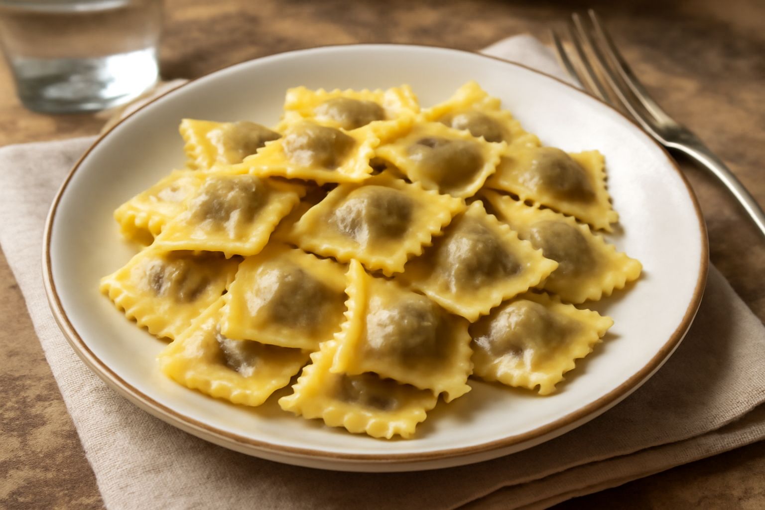 Agnolotti di carne quadrati e leggermente gonfi in un piatto bianco immersi in brodo trasparente color ambra, guarniti con una noce di burro e parmigiano grattugiato, filo di prezzemolo fresco