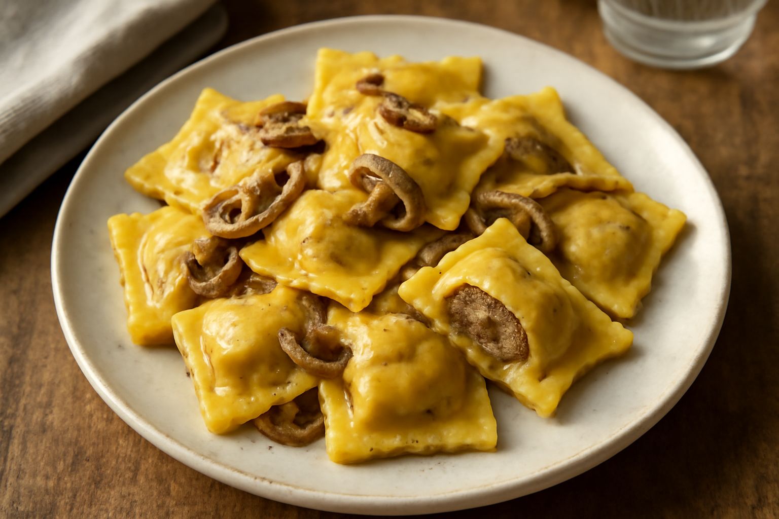 Agnolotti quadrati ripieni di carne e funghi disposti nel piatto bianco, spolverati di parmigiano grattugiato, accanto a due cucchiai in acciaio e uno sfondo di tavolo in legno scuro