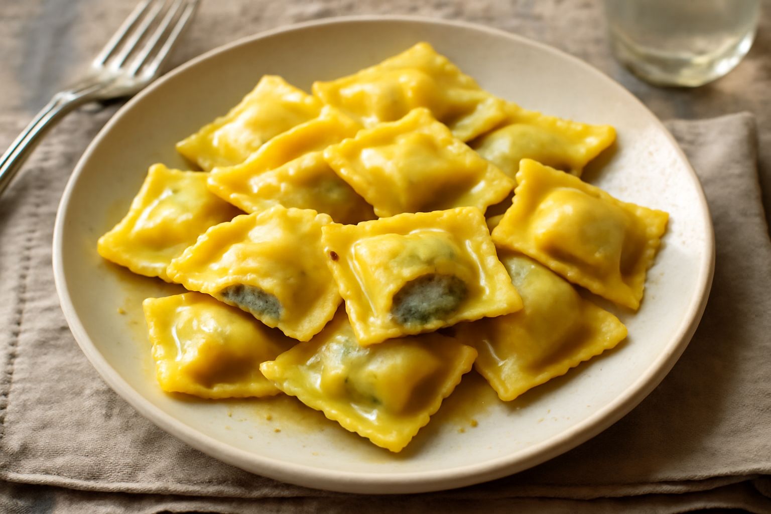 Agnolotti di magro quadrati con pasta sfoglia color giallo paglierino, ripieni di verdure verdi e cremosi, in piatto bianco con burro fuso e parmigiano grattugiato sparso in superficie