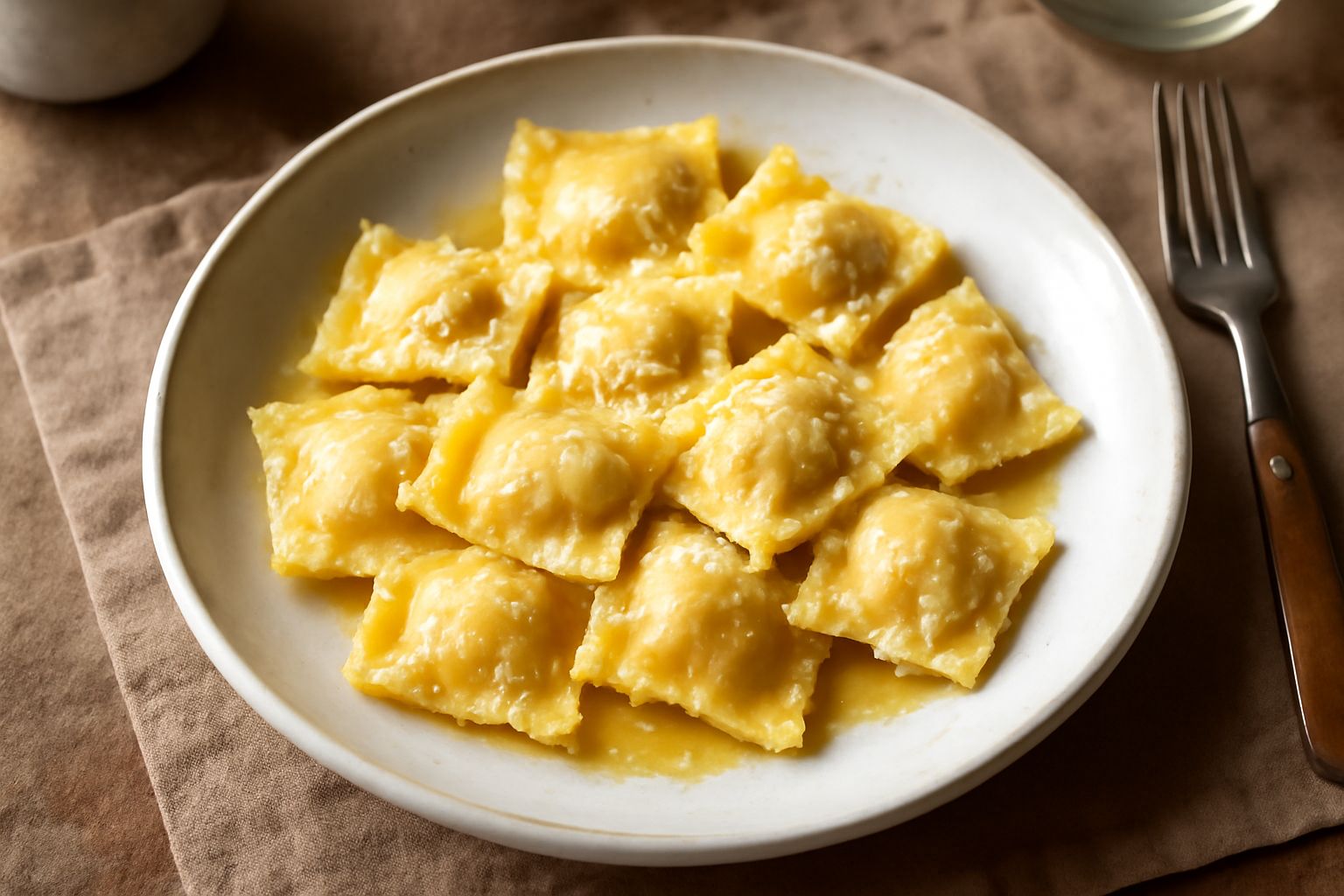 Una porzione di agnolotti di maiale in piatto bianco, quadrati dorati e lucidi, ricoperti di burro fuso e salvia verde, con scaglie di parmigiano giallo paglierino sopra, su tovaglia di lino naturale