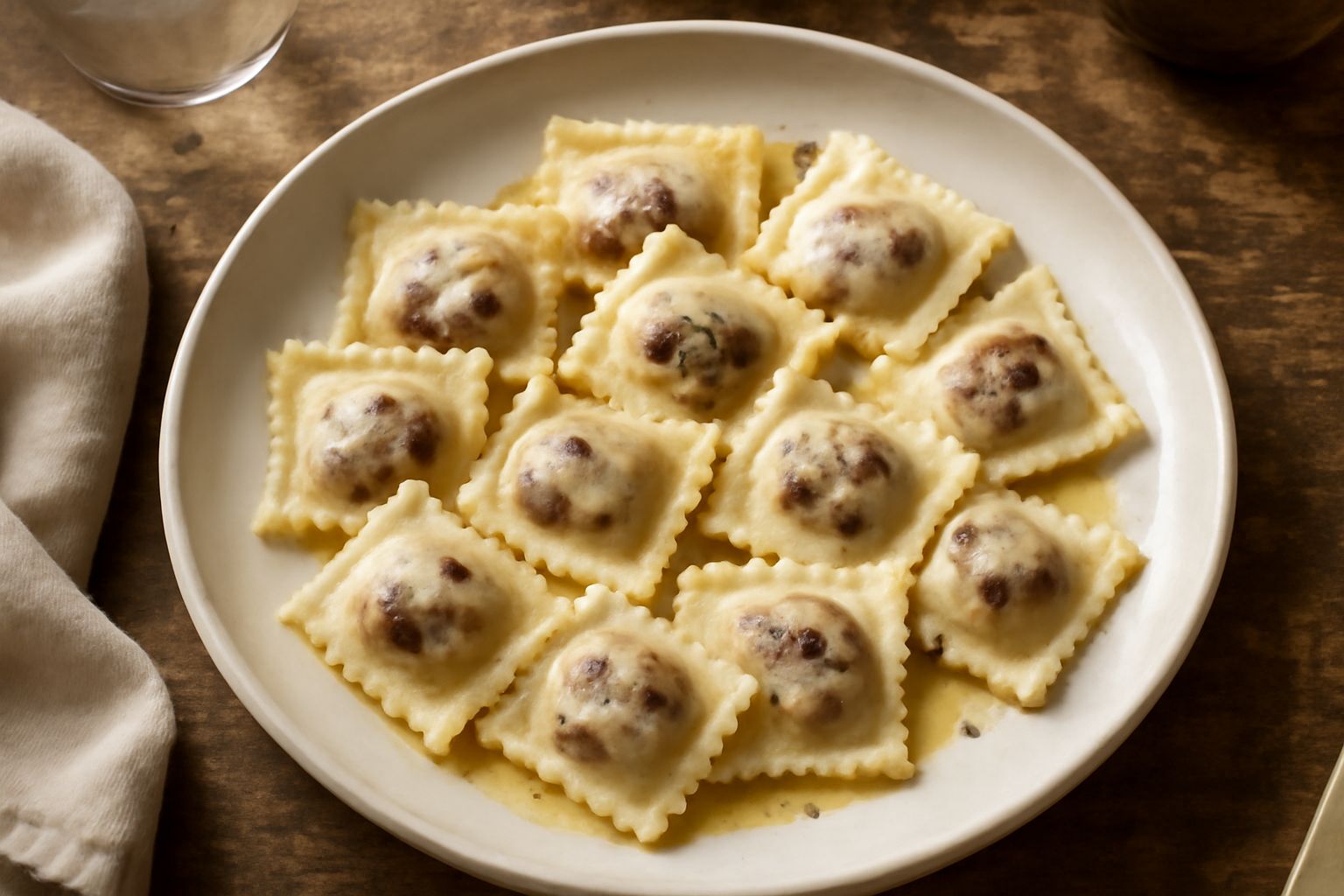 Agnolotti di melanzana su piatto bianco con salsa di pomodoro leggera, guarniti da parmigiano grattugiato e una foglia di basilico fresco, bordo del piatto pulito