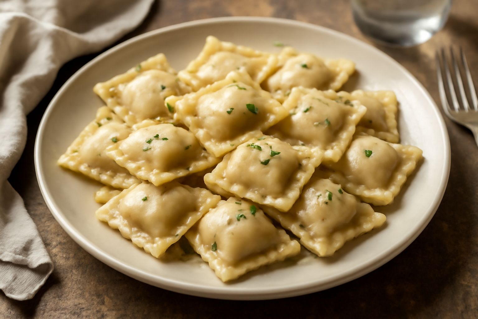 Agnolotti di pesce a forma di cuscino, beige e leggermente gonfi, ripieni di farcia bianca, su piatto bianco con burro fuso, salvia fresca e limone affettato
