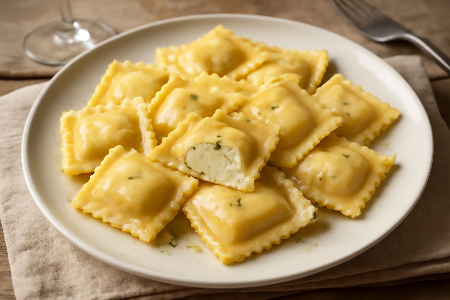 Piatto bianco con agnolotti di ricotta appena cotti, di forma quadrata con bordi leggermente arricciati, mantecati in burro fuso e salvia, spolverati di parmigiano grattugiato, con foglie di salvia fr
