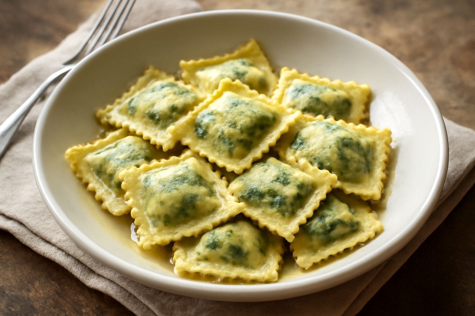 Agnolotti quadrati di pasta fresca beige e verde su piatto bianco con salsa di burro e salvia, ricoperti di parmigiano grattugiato