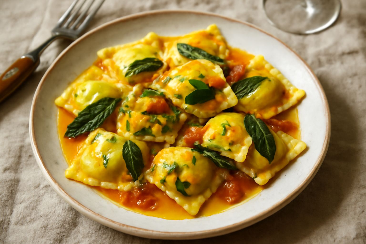 Piatto di agnolotti di verdura appena cotti, ricoperti di burro fuso e salvia fresca. La sfoglia è sottile e dorata, il ripieno di verdure appare verde intenso attraverso l'impasto trasparente. Guarni