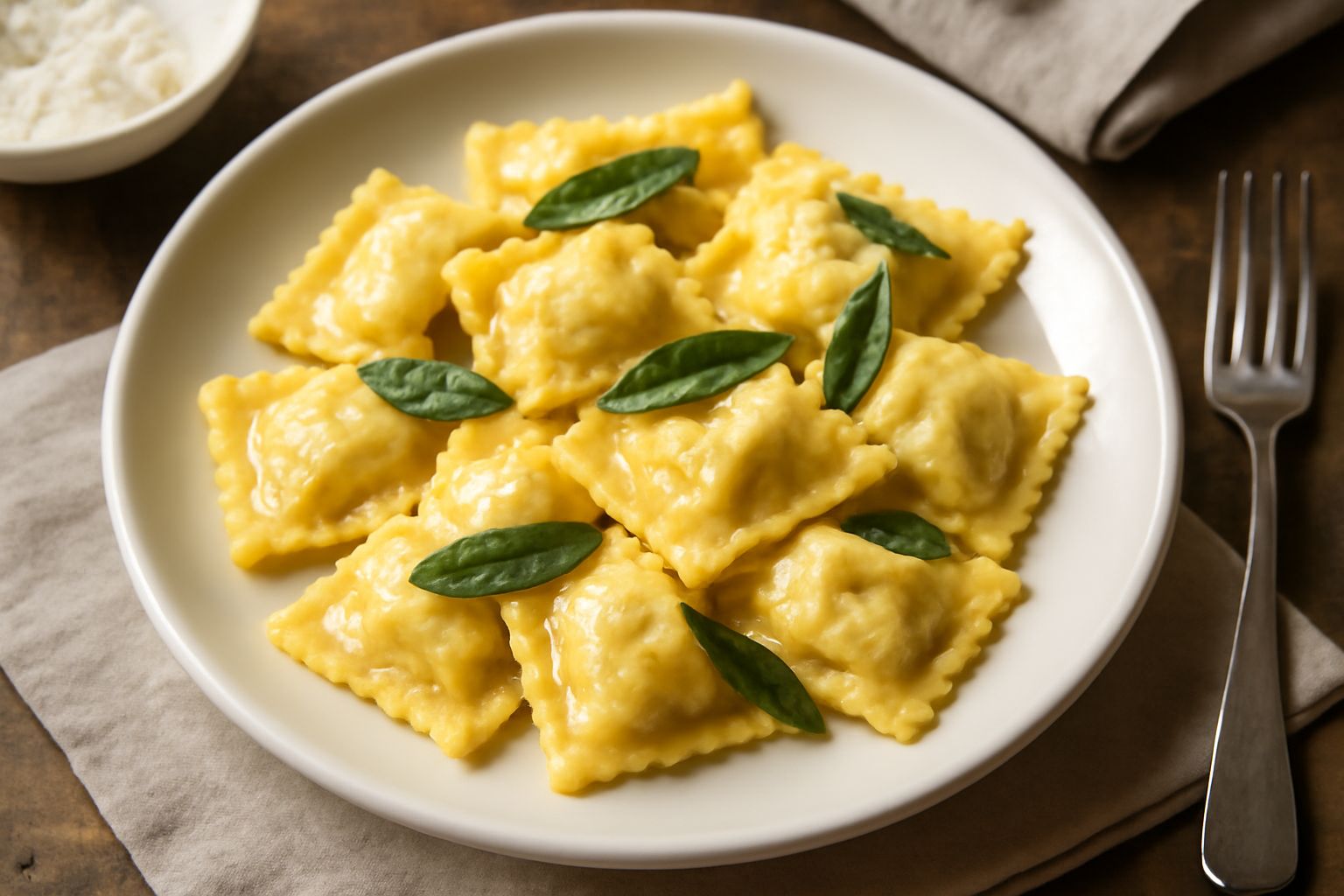 Agnolotti di vitello quadrati, beige rosati, disposti su un piatto bianco con burro fuso e salvia fresca, contorno di parmigiano grattugiato