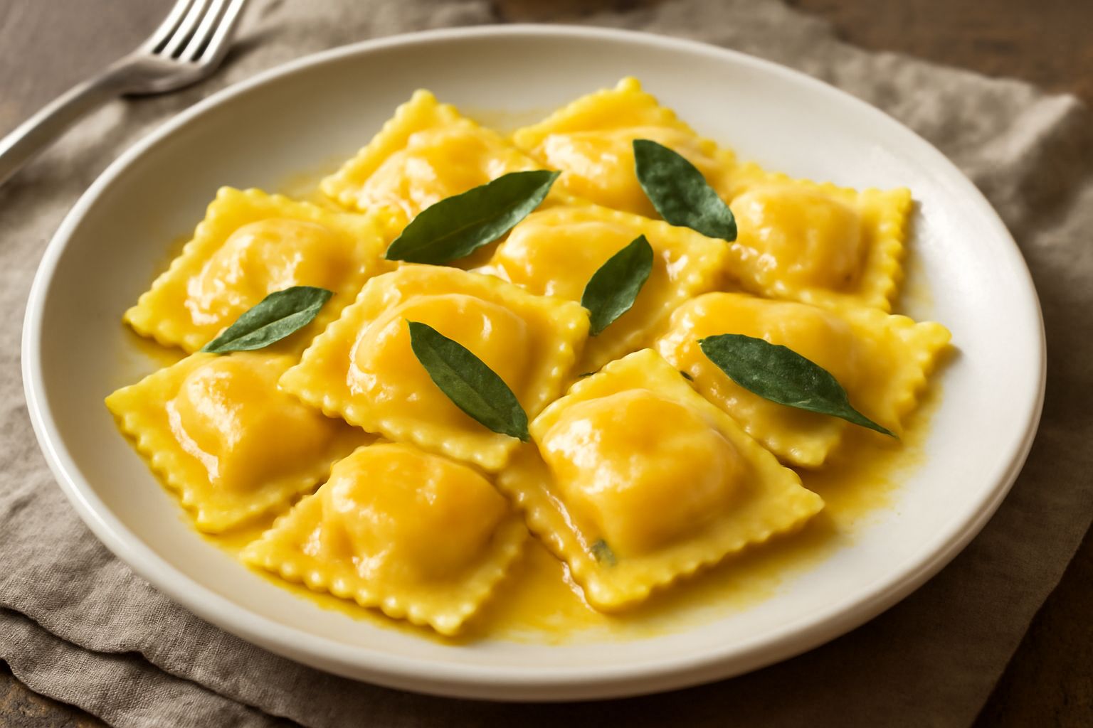 Agnolotti di zucca rettangolari su piatto bianco, ricoperti di burro fuso e salvia, con granella di amaretti sparsa sopra e fondo grigio chiaro