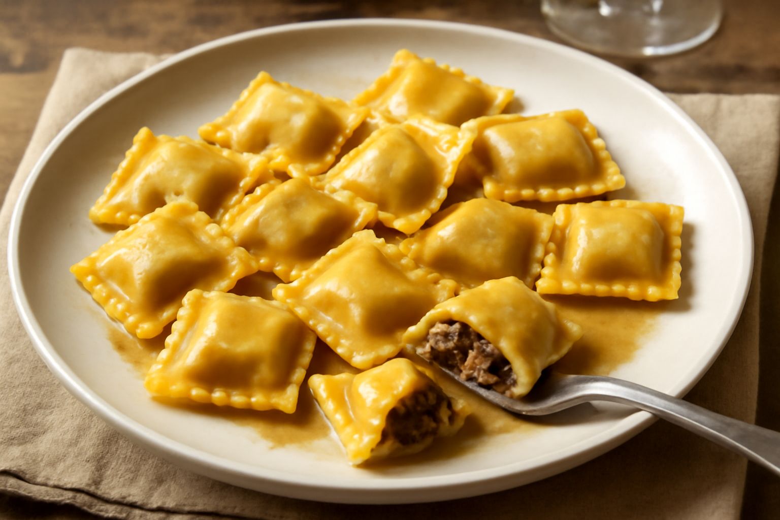 Agnolotti quadrati di pasta all'uovo gialli, ripieni di carne, adagiati in un piatto bianco fondo con burro fuso e salvia fresca, ospiti di brodo tiepido ai bordi