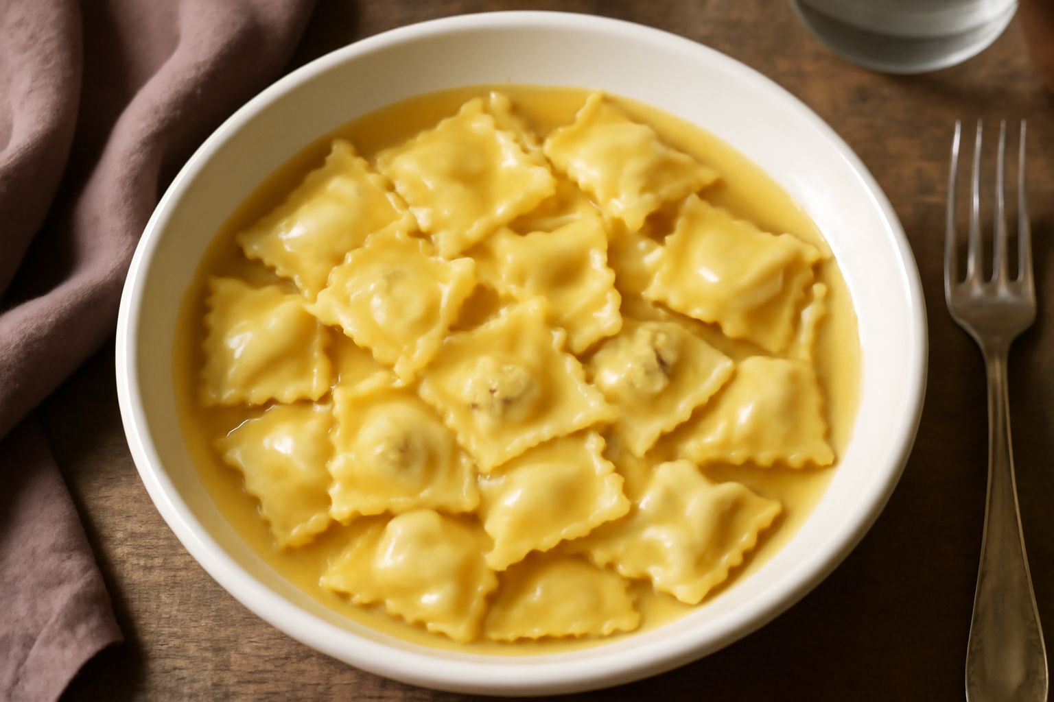 Una ciotola bianca di ceramica contiene agnolotti ferraresi in brodo caldo, quadratini di pasta beige con bordi arricciati, con due foglie di prezzemolo fresco sopra e cucchiaio di porcellana bianca a