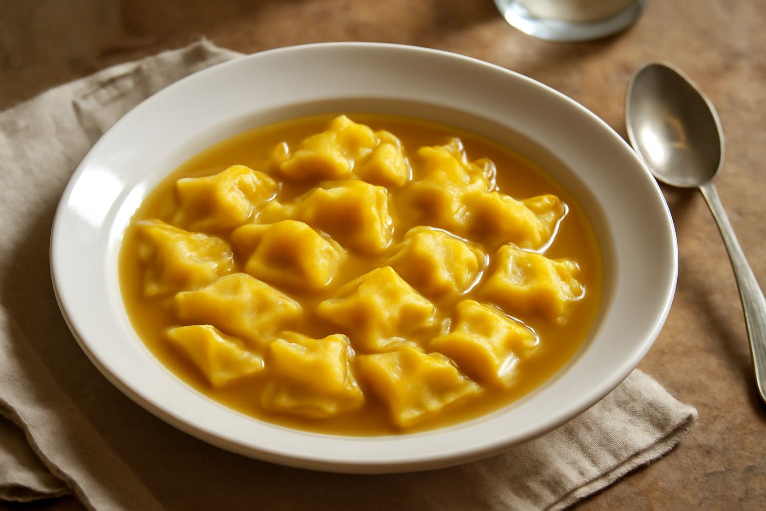 Ciotola di ceramica bianca con agnolotti tondi ricoperti di burro fuso, immersi in brodo trasparente dorato, con una spolverata di Parmigiano Reggiano grattugiato e prezzemolo fresco.