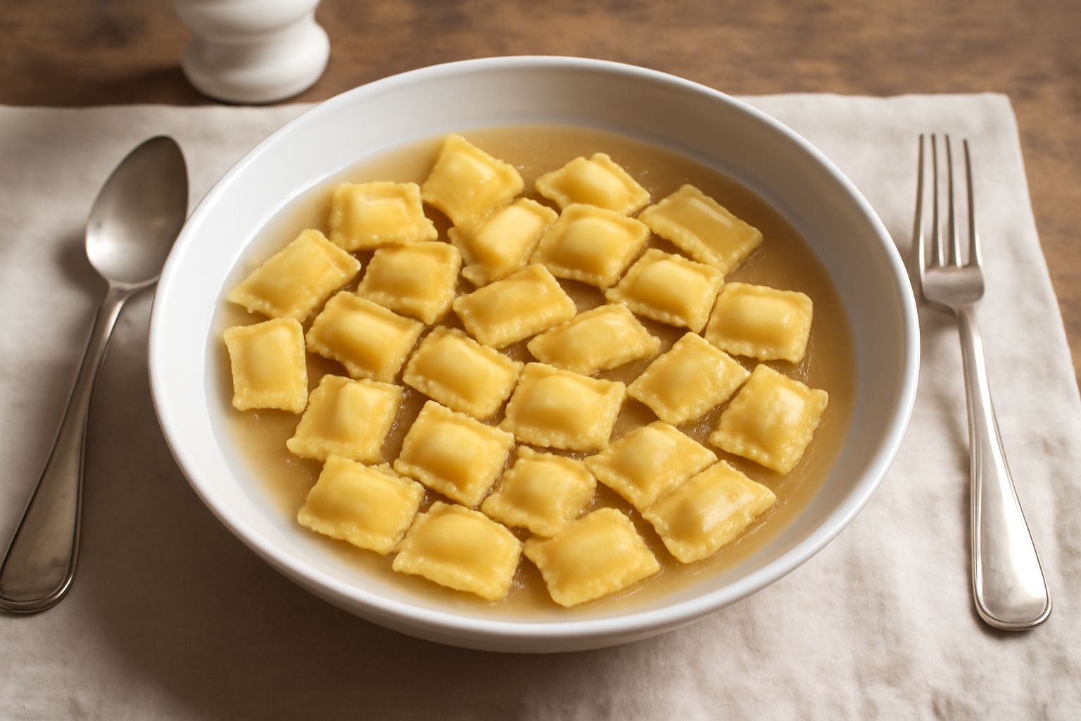 Agnolotti lucchesi in zuppiera bianca serviti in brodo trasparente, di forma rettangolare, con visibile il ripieno di carne dalla sezione, accompagnati da un cucchiaio di acciaio
