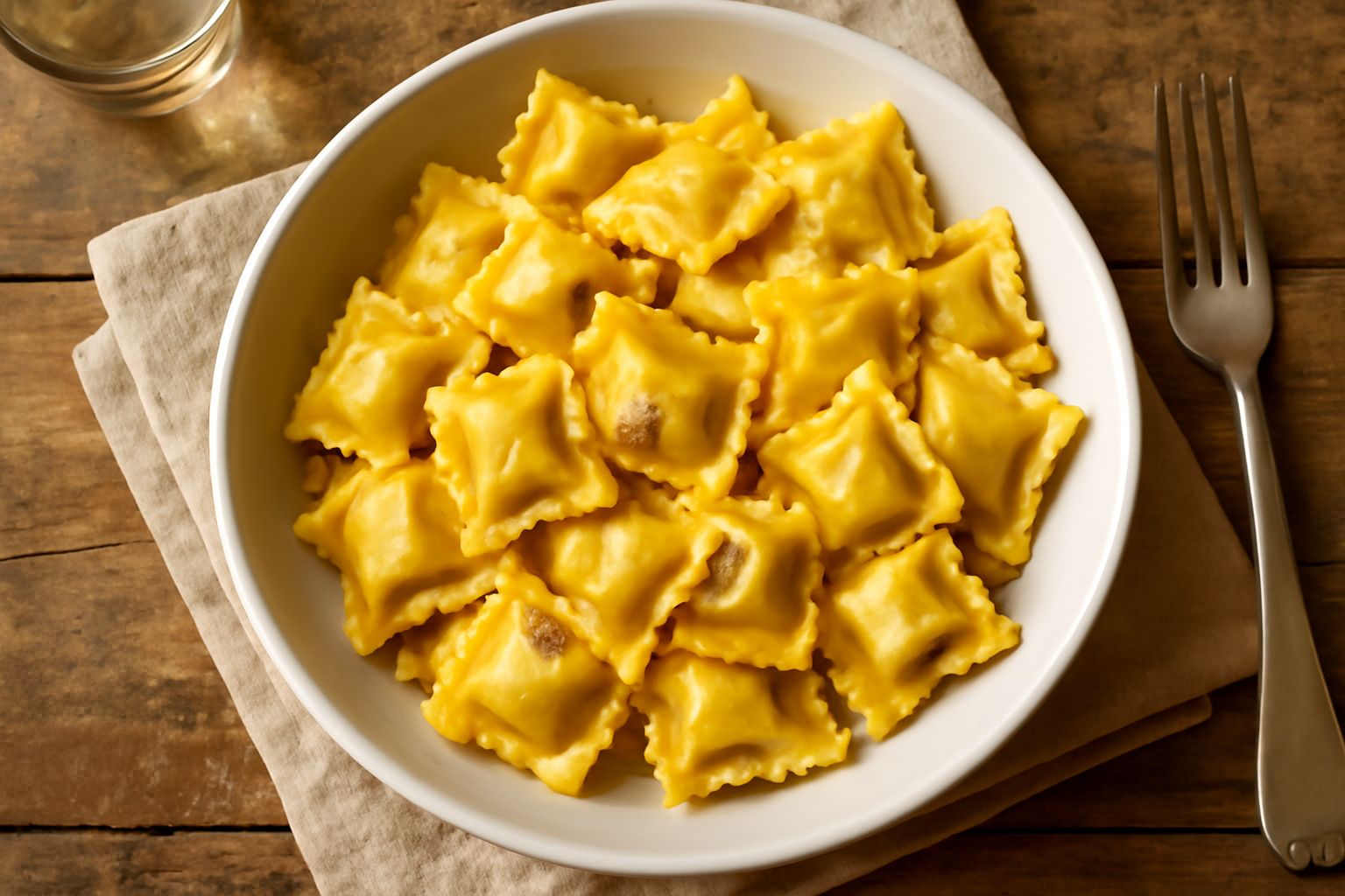 Agnolotti mantovani quadrati di pasta gialla serviti in una ciotola bianca di brodo trasparente, spolverati di parmigiano grattugiato, con un cucchiaio di legno a lato