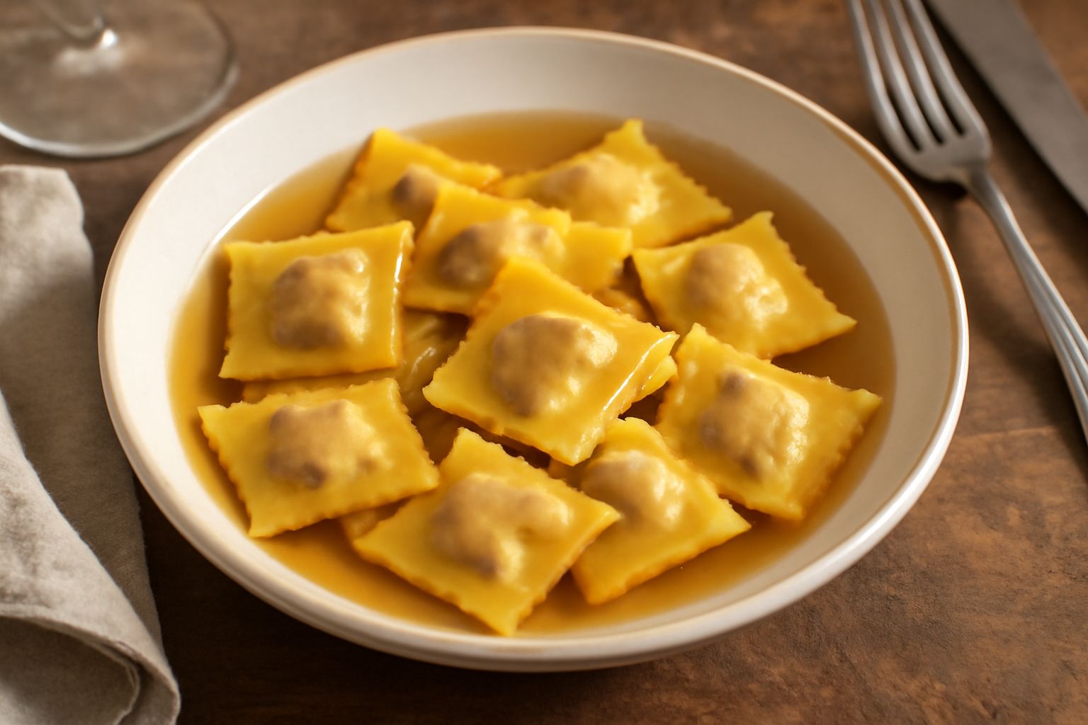 Agnolotti marchigiani quadrati di pasta gialla disposti in una ciotola di brodo caldo, con gocce di burro fuso e Parmigiano grattugiato sopra