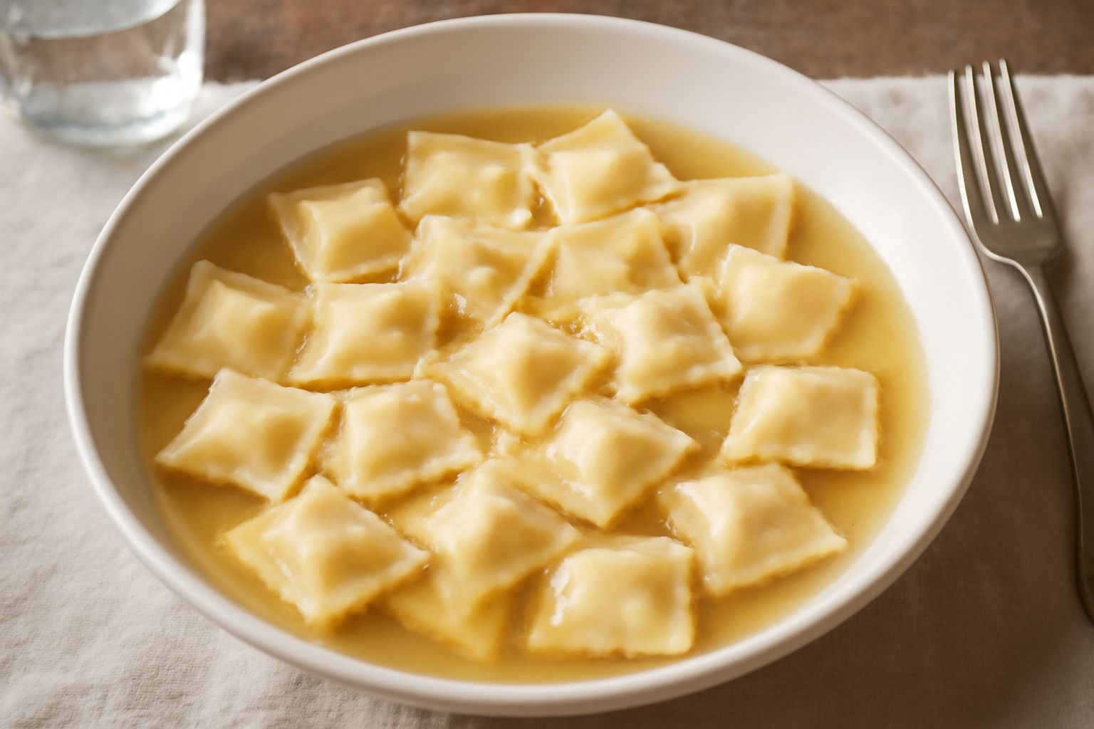 Piatto di porcellana bianca con agnolotti quadrati di pasta gialla crema, ripieni visibili al taglio, serviti in brodo di carne trasparente, guarniti con scaglie di parmigiano grattugiato