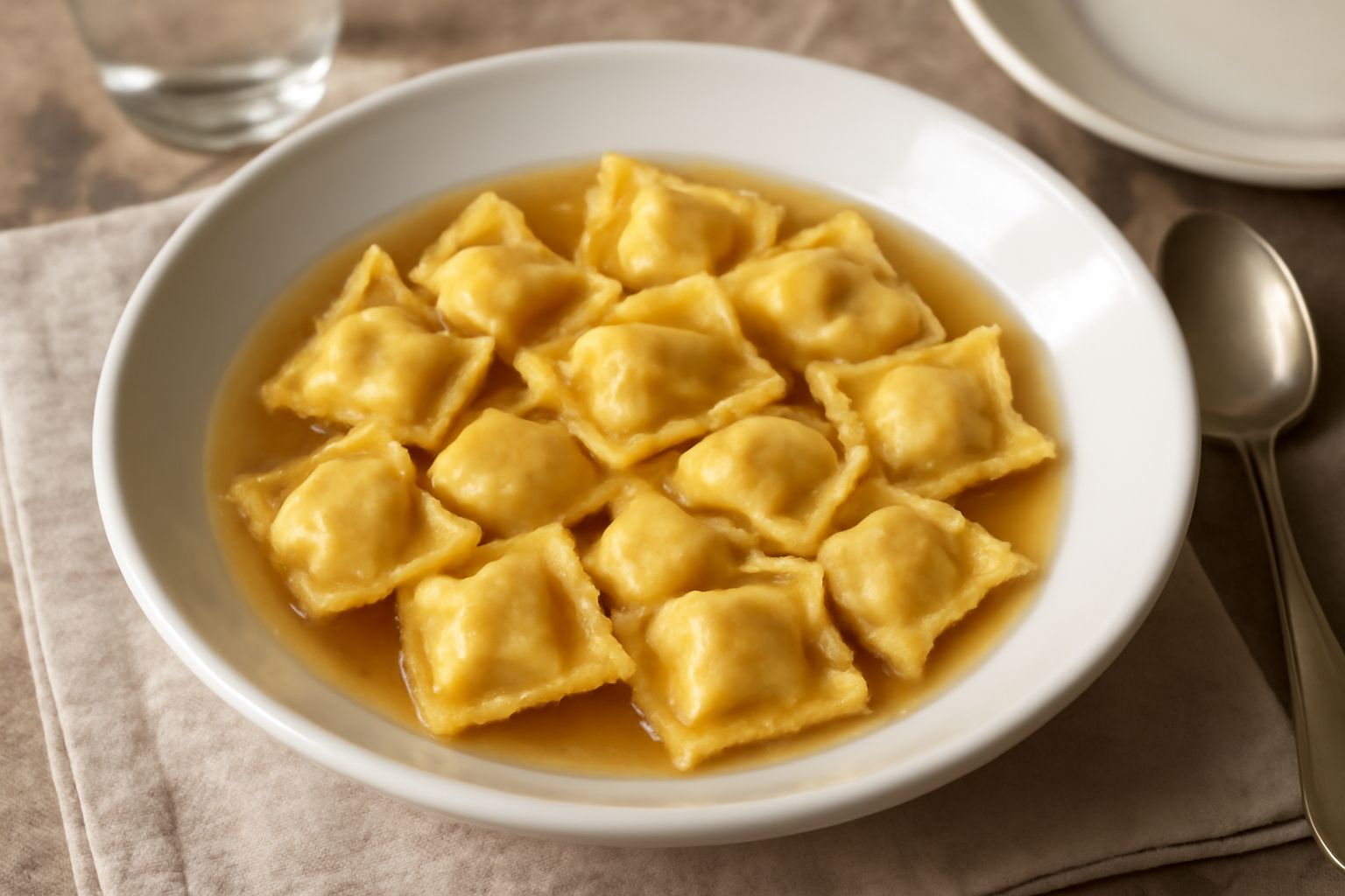 Agnolotti padovani appena cotti in un piatto bianco, ricoperti di brodo e parmigiano grattugiato, con una foglia di salvia fresca di lato