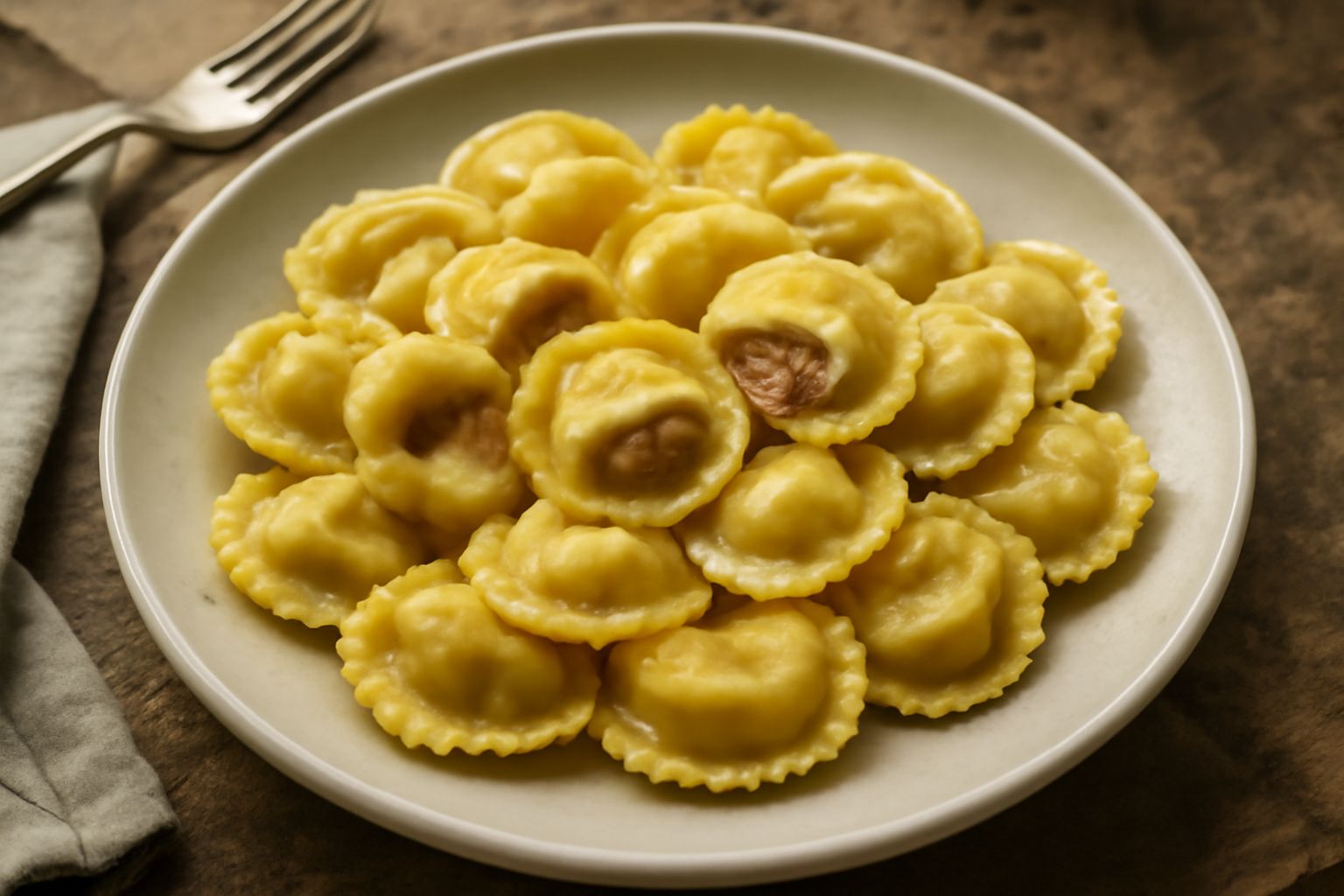 Agnolotti piacentini di circa tre centimetri di diametro, tondi e sigillati, disposti su un piatto bianco con burro fuso e parmigiano grattugiato, pasta color giallo paglierino, ripieno visibile al ta