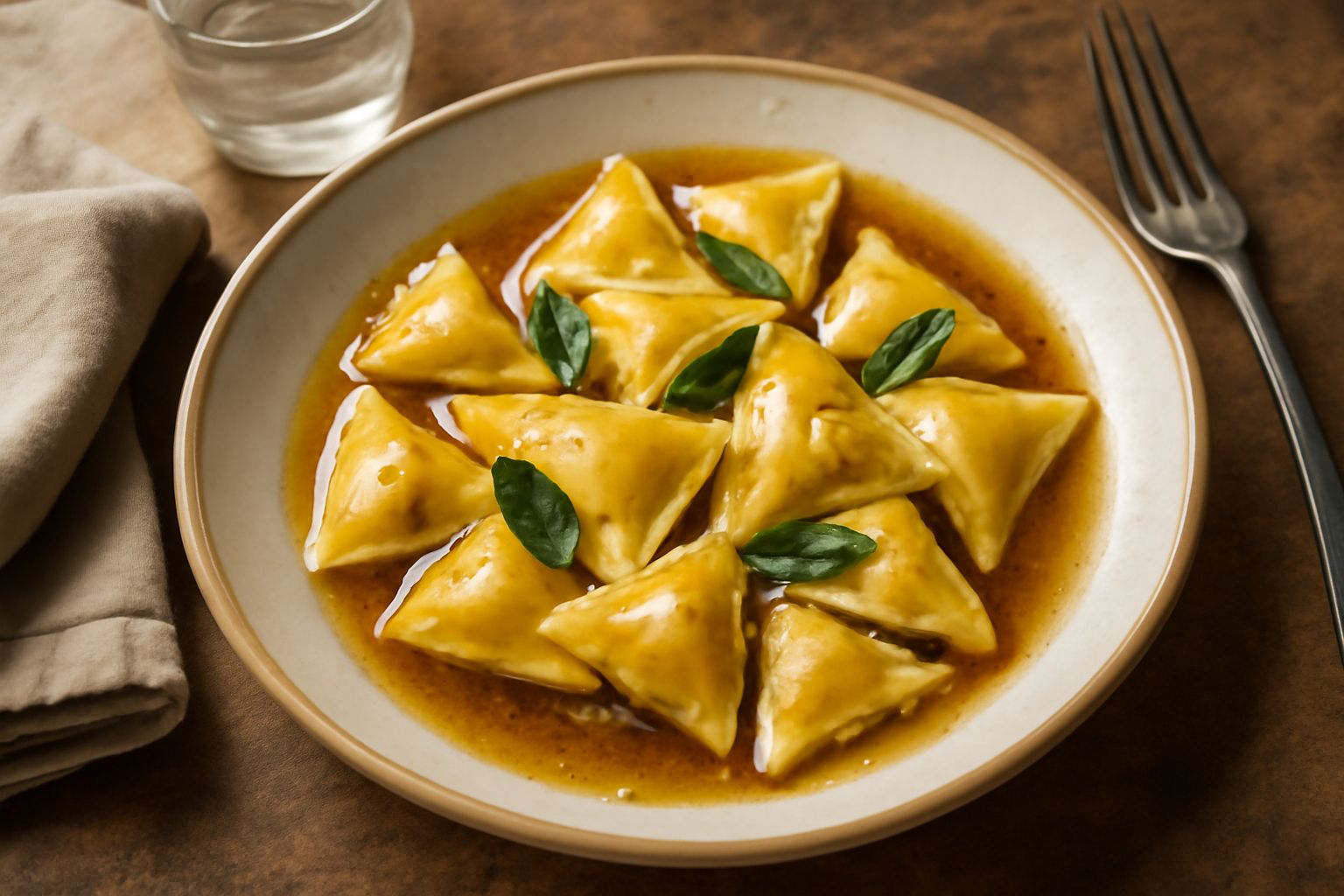 Agnolotti pisani triangolari in brodo caldo, serviti in una ciotola bianca, con una leggera doratura della pasta, brodo trasparente e una foglia di salvia verde accanto