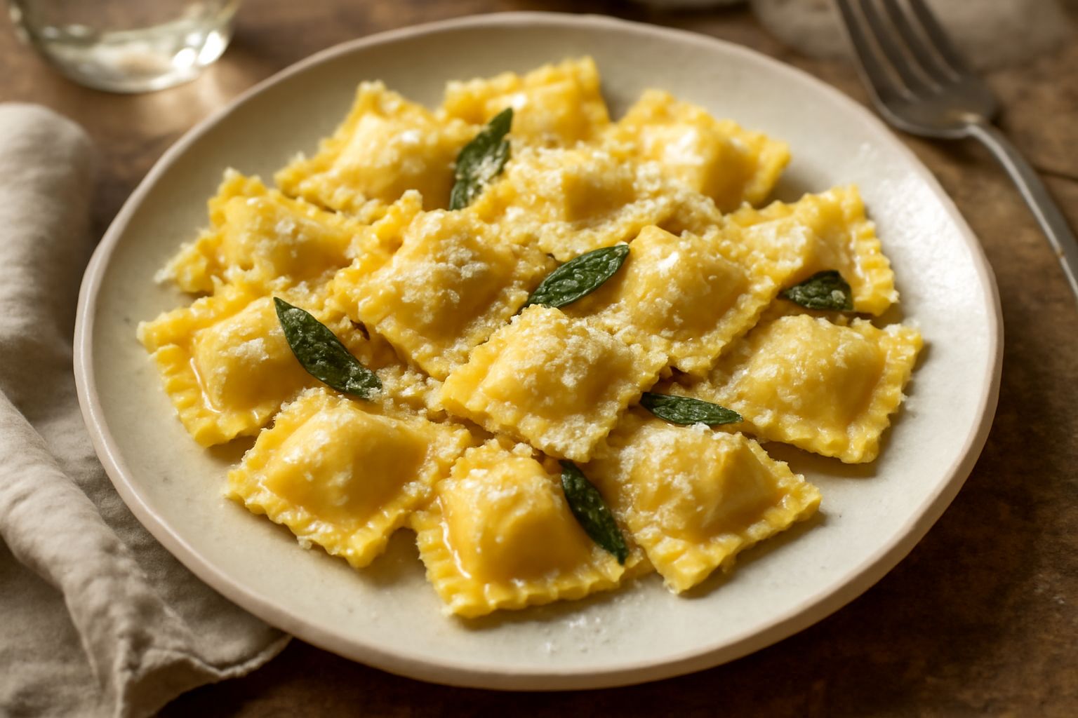 Agnolotti reggiani in bianco su piatto bianco, ricoperti di burro fuso dorato e parmigiano grattugiato fresco, con brodo caldo intorno