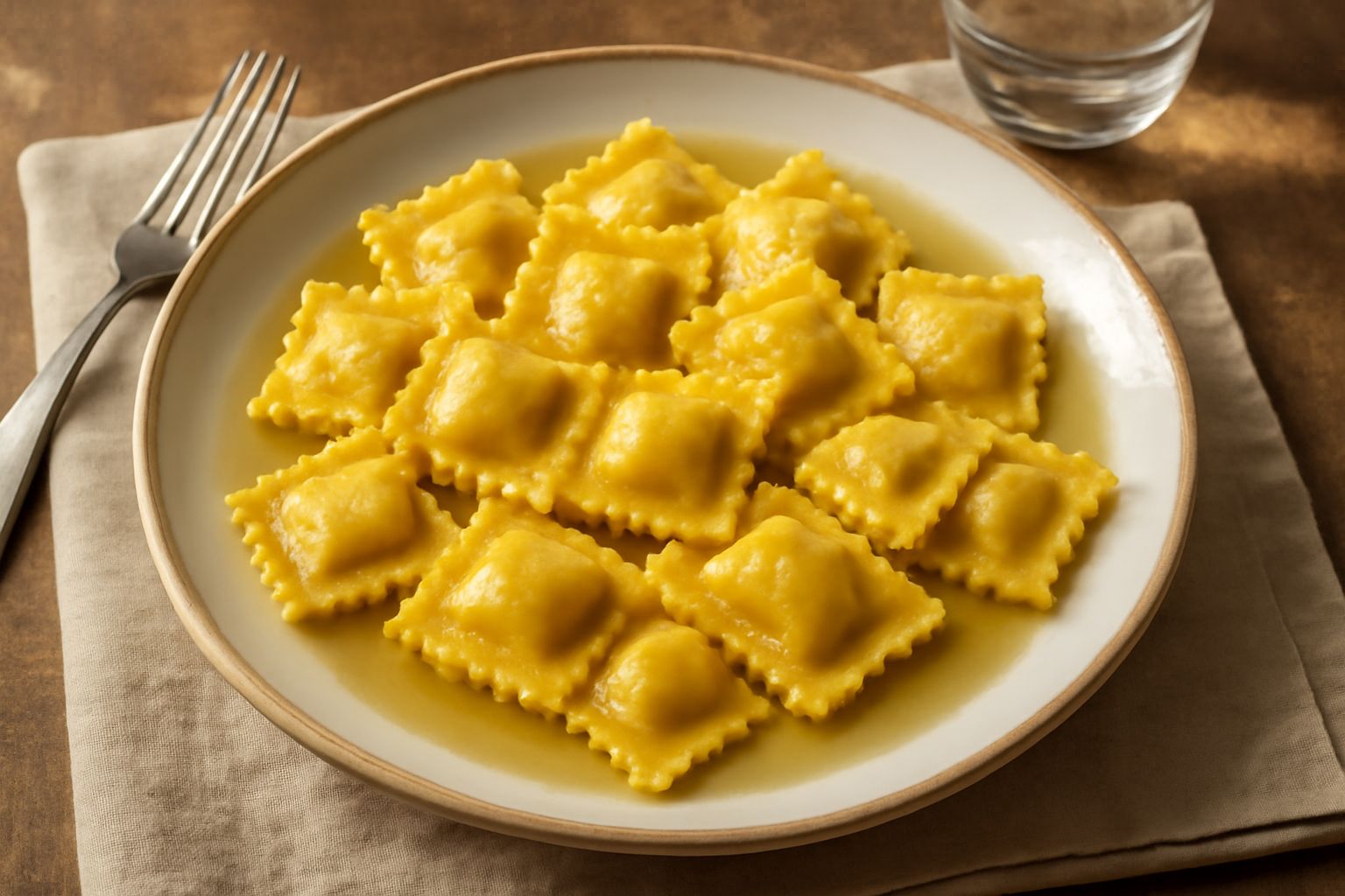 Agnolotti ripieni quadrati appena bolliti su un piatto bianco, ricoperti di burro fuso e salvia, con sfumature dorate e un velo di parmigiano grattugiato