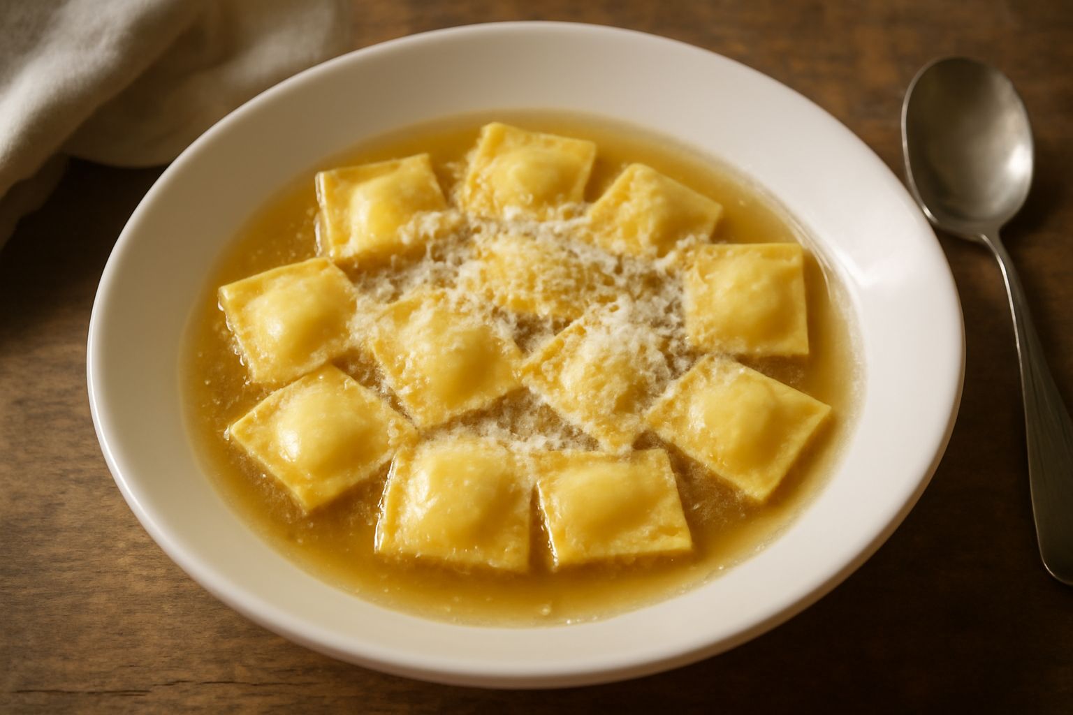 Agnolotti rodigini quadrati in un piatto di ceramica bianca, ricoperti di brodo trasparente, burro fuso e parmigiano grattugiato, con alcuni pezzetti di prezzemolo fresco sparsi in superficie
