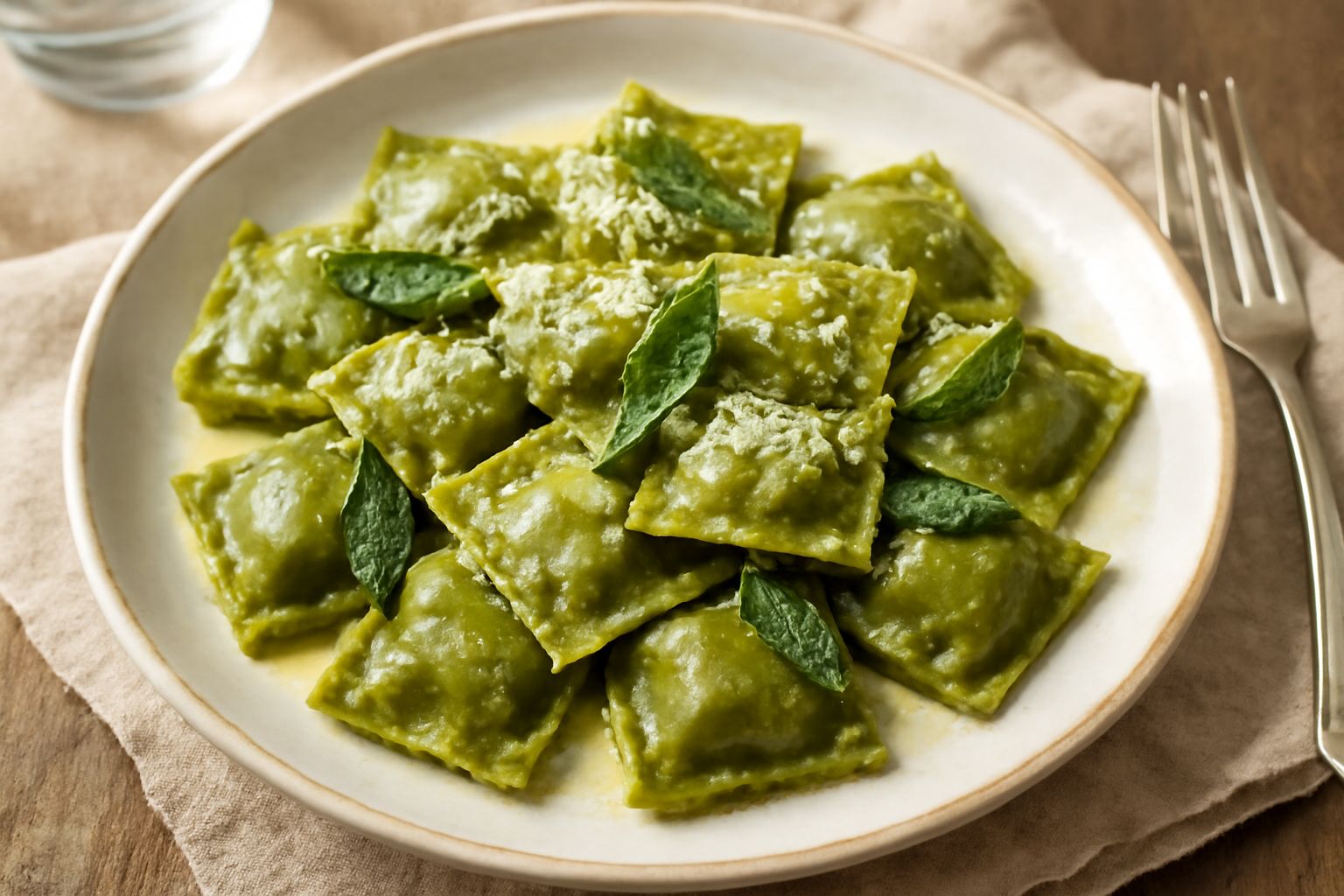 Agnolotti verdi quadrati disposti nel piatto bianco, ricoperti di burro fuso e foglie di salvia fresca, con leggera polvere di parmigiano grattuggiato