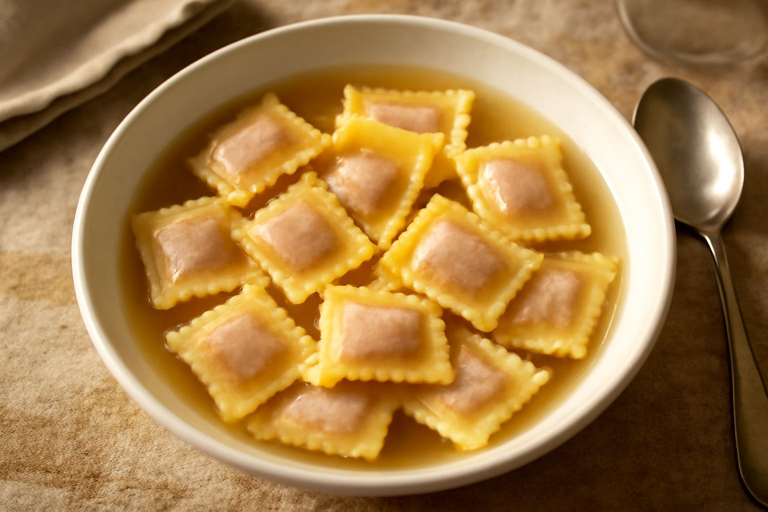 Agnolotti veronesi serviti in una ciotola di brodo caldo, di forma rettangolare, con margine richiuso, ricoperti da una leggera pellicola di brodo trasparente, decorati con una foglia di salvia fresca