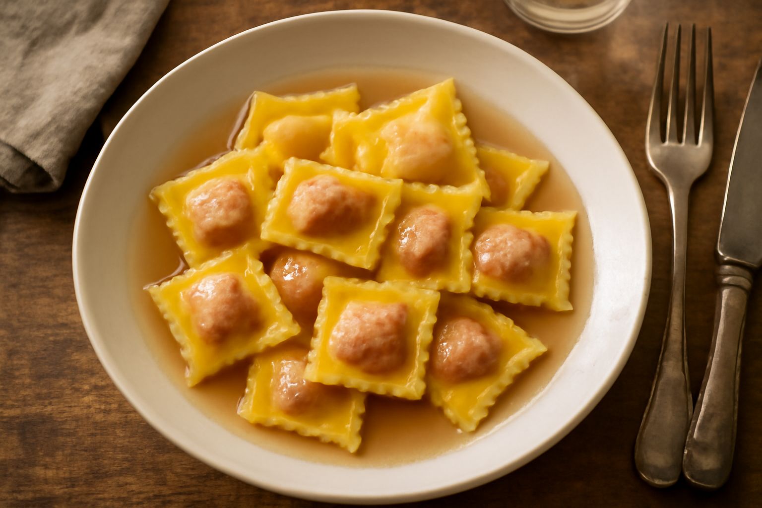 Agnolotti vicentini chiusi a quadrato disposti nel piatto bianco con burro fuso e salvia fresca, sfondo in legno naturale