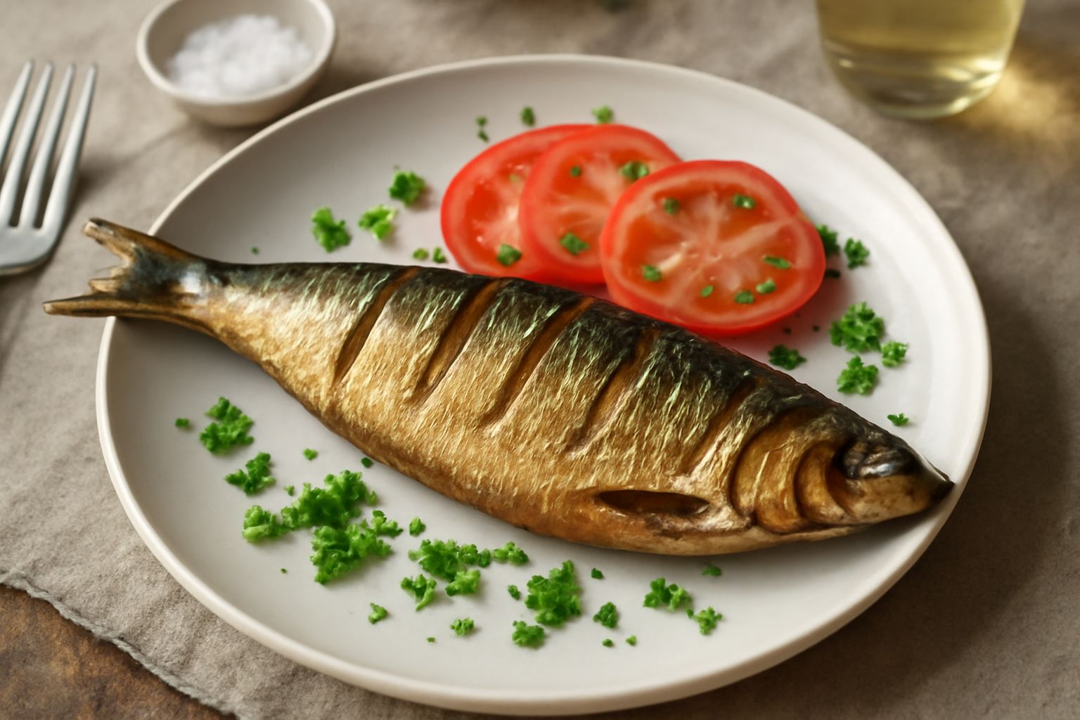 Agone affumicato intero su un piatto bianco con limone fresco, sale marino grosso sparso intorno e sfondo di legno scuro